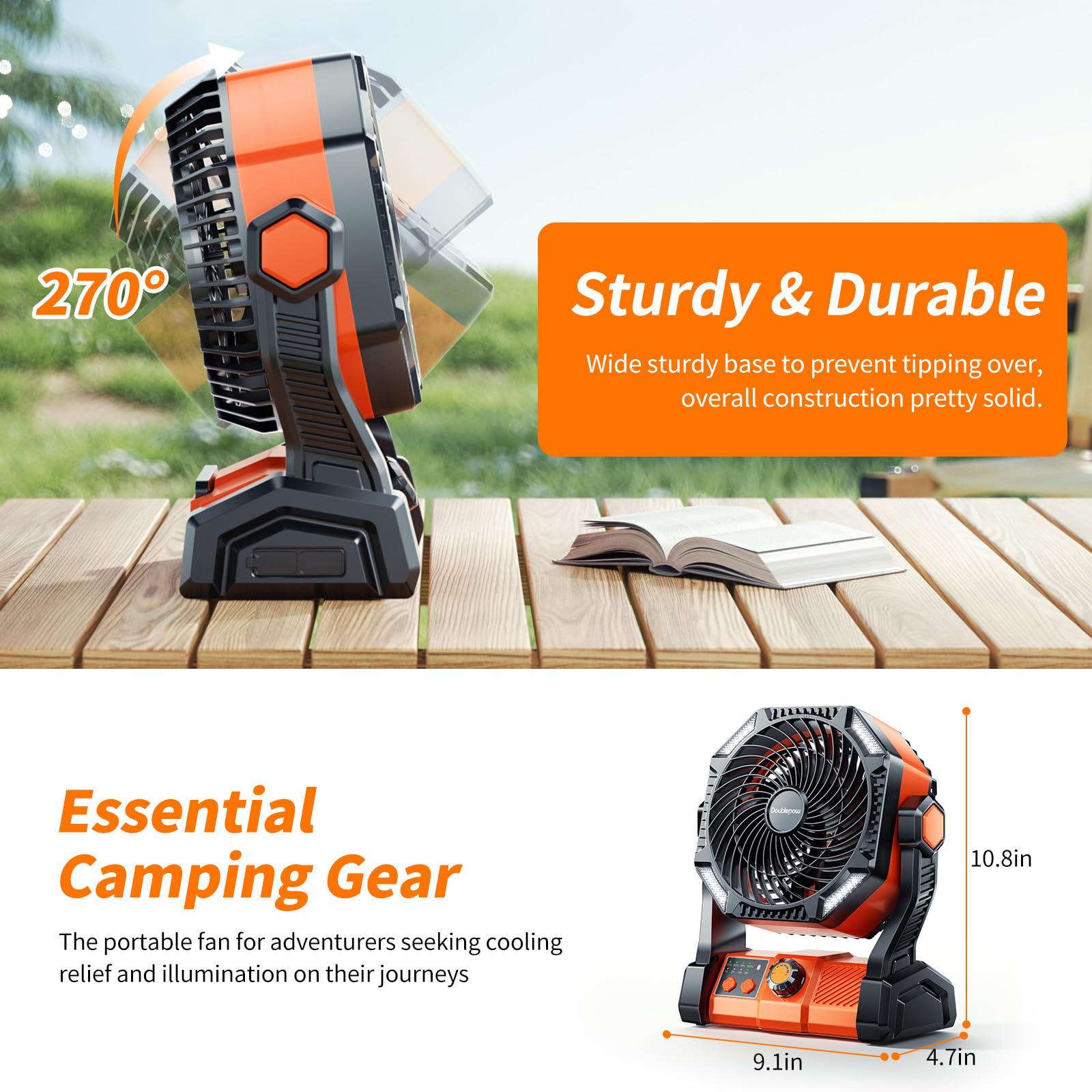 Camping Led Fan With Light, 40000M Rechargeable Battery Powered Outdoor Tent Fan With Light And Hook, 6 Speed, Personal Usb Desk