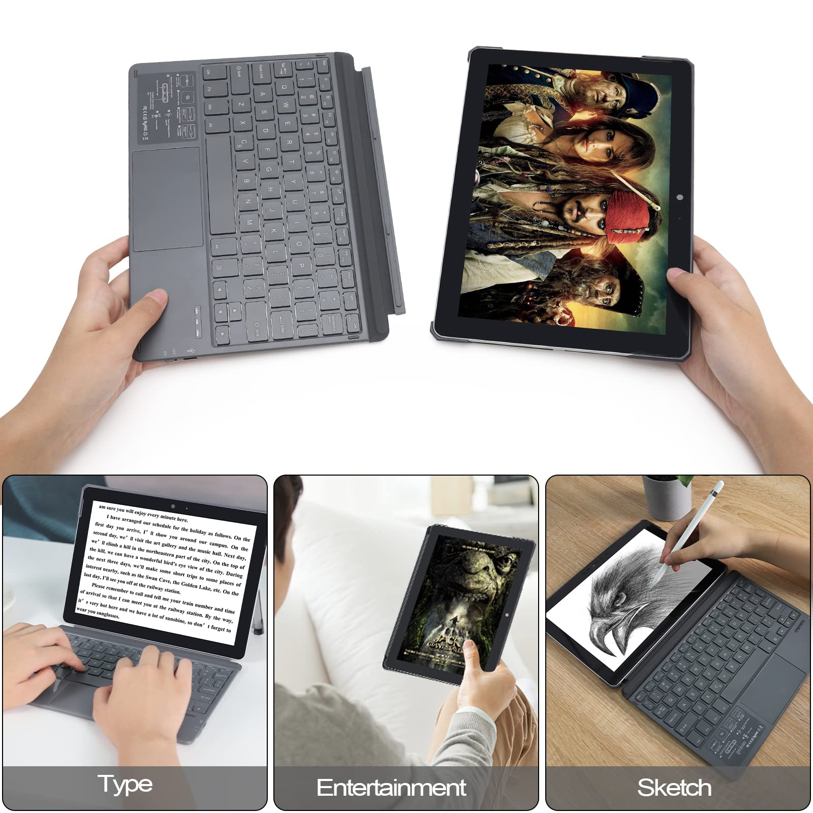 Qulose Keyboard Case For Surface Go 3 2021 / Surface Go 2 2020 / Surface Go 2018, Ultra Slim Portable Wireless Keyboard With Tou