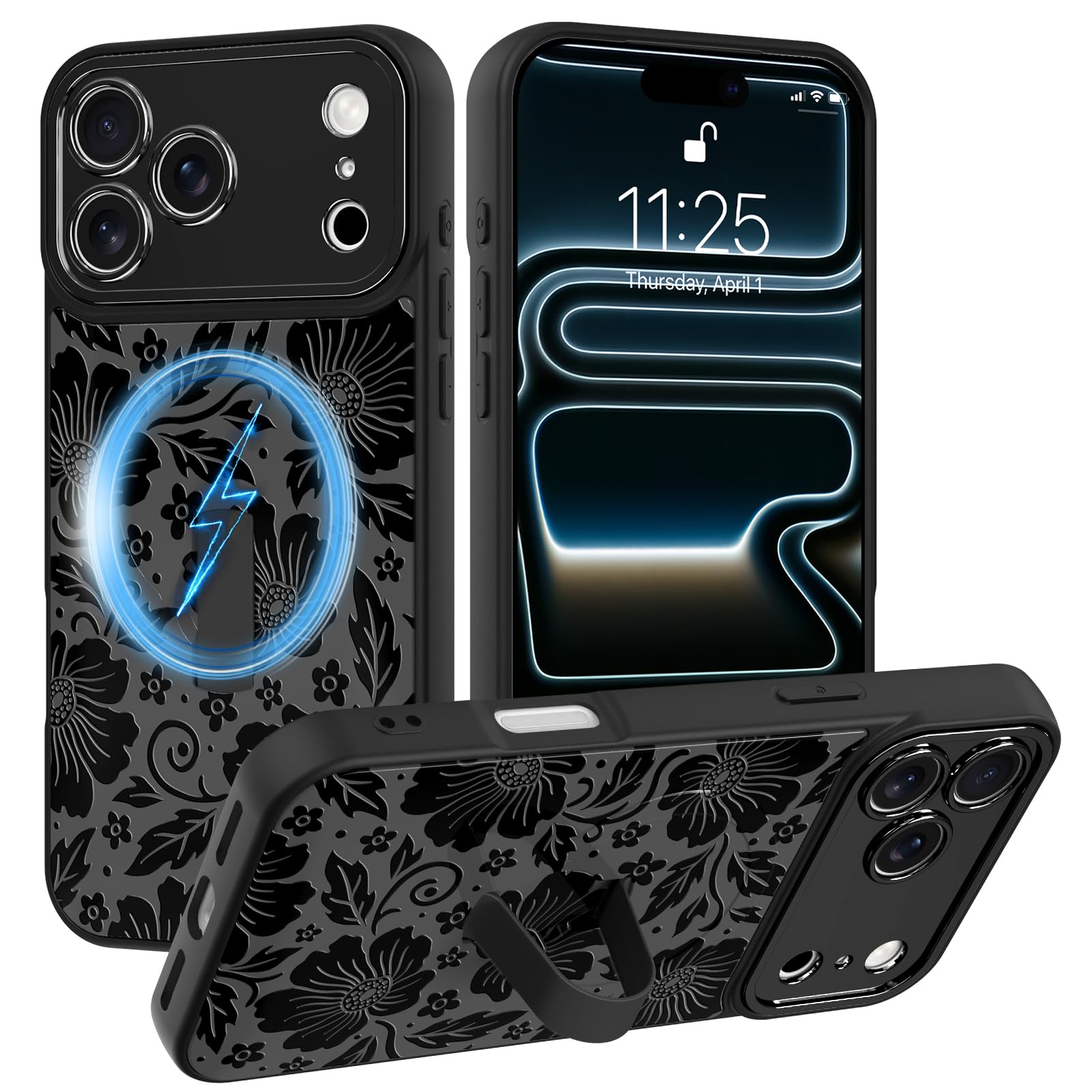 SOKAD Magnetic Floral Case for iPhone 17 Pro with Finger Strap Kickstand, Compatible with Magsafe, Cute Lace Flower Designed for