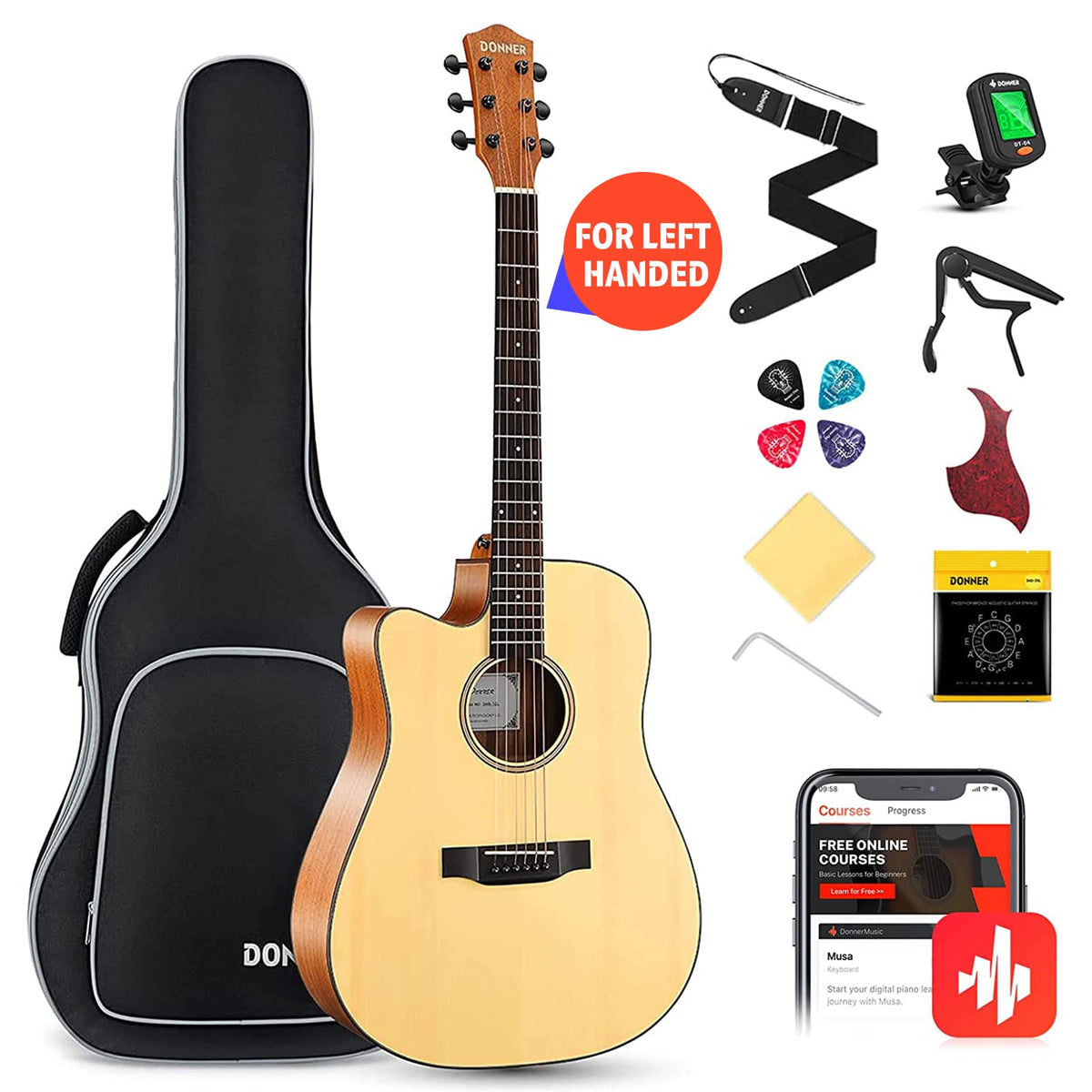 Donner Left Handed Acoustic Guitar Kit For Beginner Adult Full Size Cutaway Lefty Acustica Guitarra Bundle Set With Bag Strap Tu