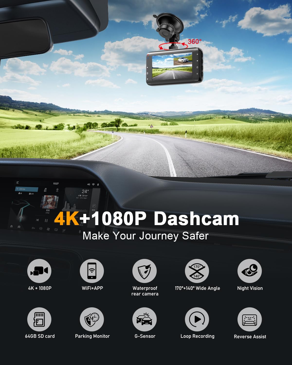 Dash Cam Front And Rear,4K Dual Dashcam With 64Gb Card,4K+1080P Wifi Dash Camera For Car,2 Channel Dashboard Camera,3'' Ips Scre