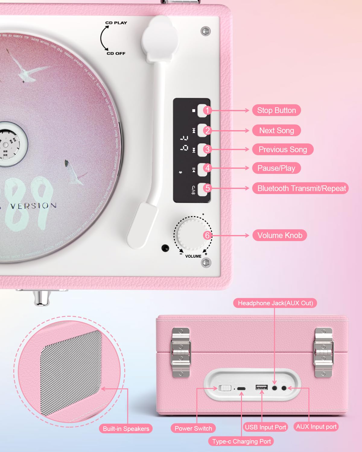 DANFI AUDIO DF CD Player Retro Bluetooth Portable Boombox - Light Pink, Small, Rechargeable, LED Screen, Model CD-001