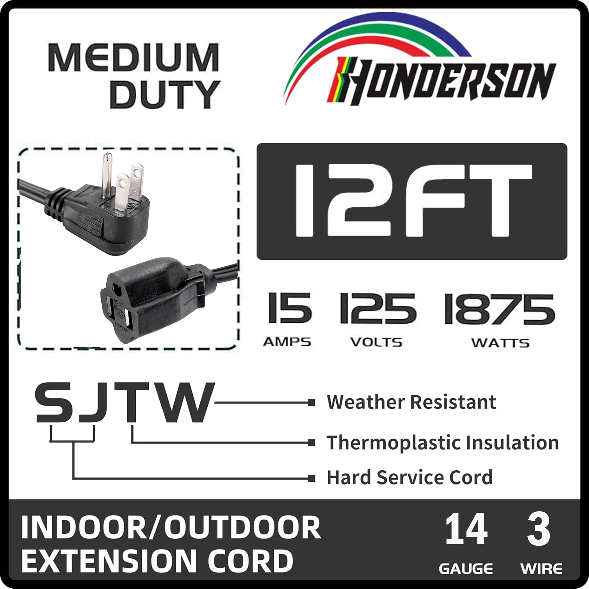 Honderson Flat Plug Extension Cord, Ul Listed, Indoor Extension Cord 14 Gauge 12Ft Black, 14/3 Spt 3 15A 3 Prong Grounded Power