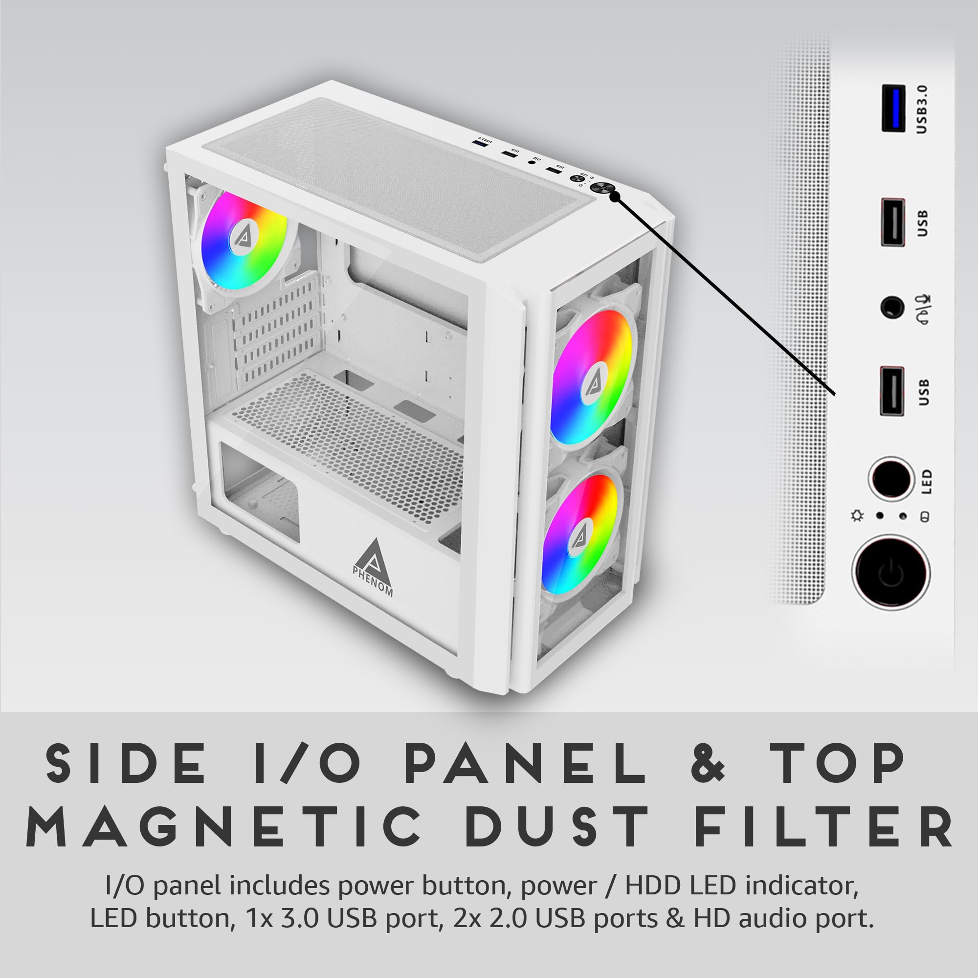 Apevia Phenom Wh Phenom Micro Atx Gaming Pc Case W/ 3X 120Mm Argb Fans, 366 Rgb Light Modes, 2X Tempered Glass Panels, Front Pan