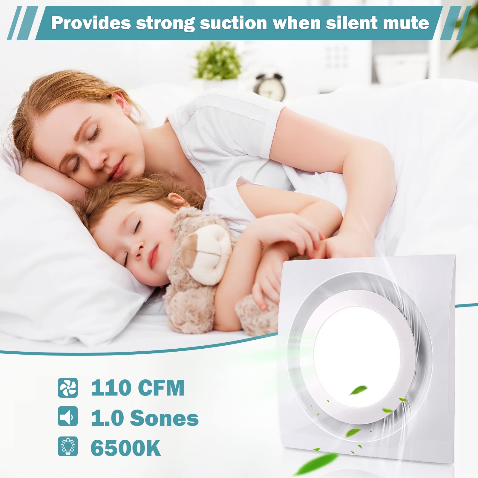 Feiton Bathroom Fan With Light Exhaust Fan Ceiling Mount Vent Fan Light Combo, 30W, 110V, 110 Cfm 1.0 Sones, Square Quiet Ventil