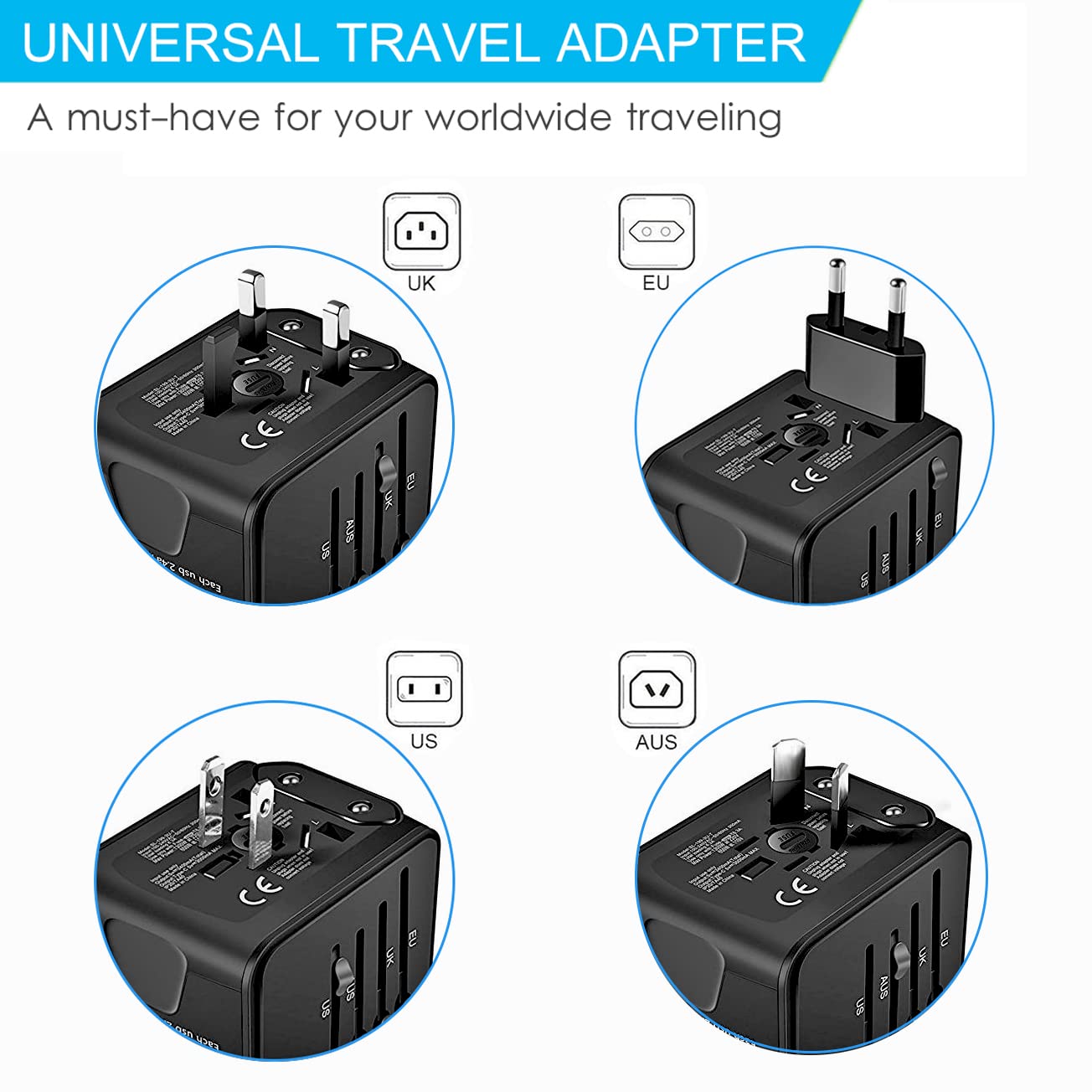 Apzek International Travel Adapter, All In One Power Adapter With High Speed 3 Usb & Type C Travel Charger, European Adapter, Un