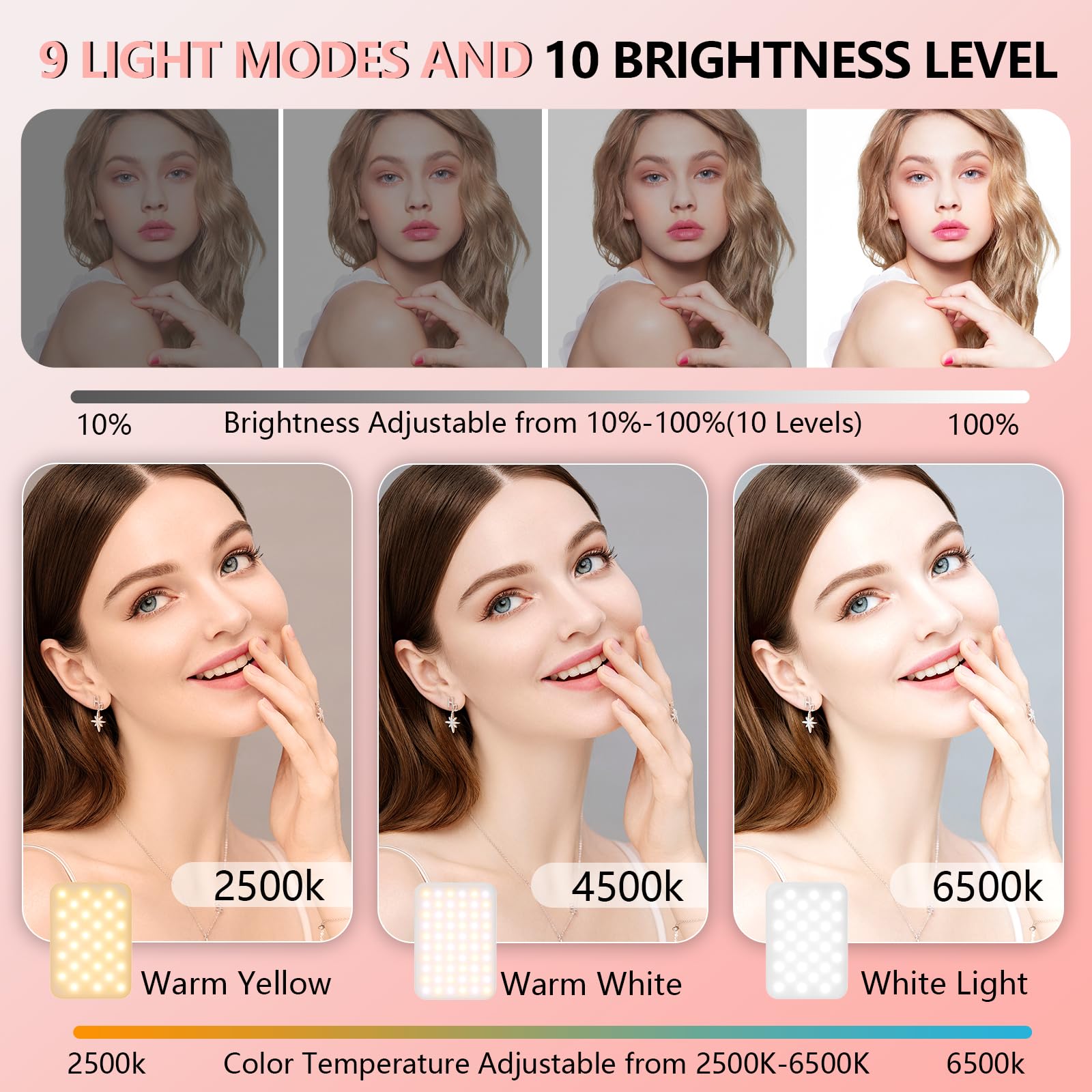 BANSINE Selfie Light - LED USB-Rechargeable Photo Light, 97+ CRI, 6500K, Pink, Model D6 for Video, Makeup, Zoom, Live Stream