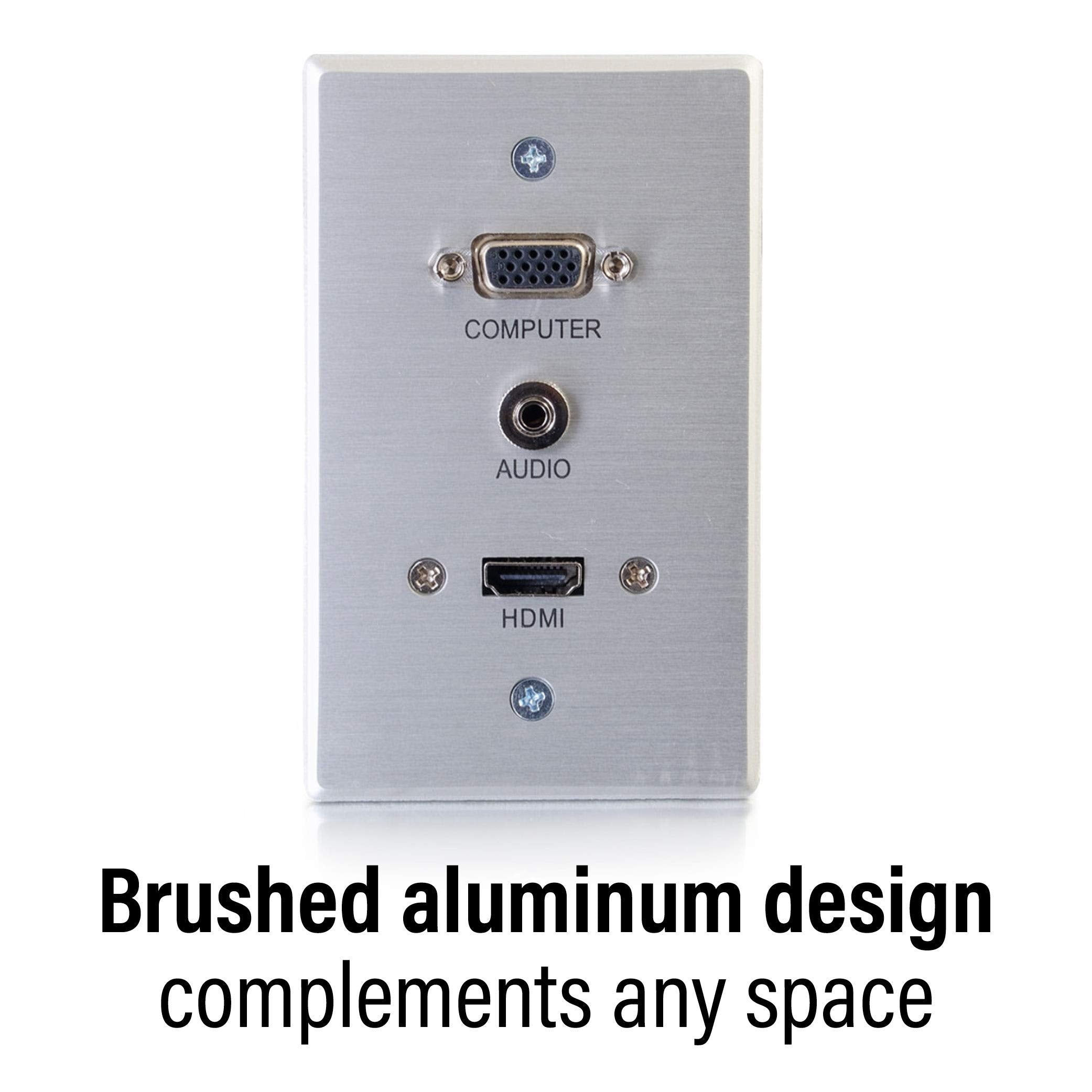 C2G Wall Pass Through For Hdmi, Vga, & 3.5Mm Aux Cables   Single Gang Wall Plate Includes Flexible Hdmi & Aux Pigtail   Brushed