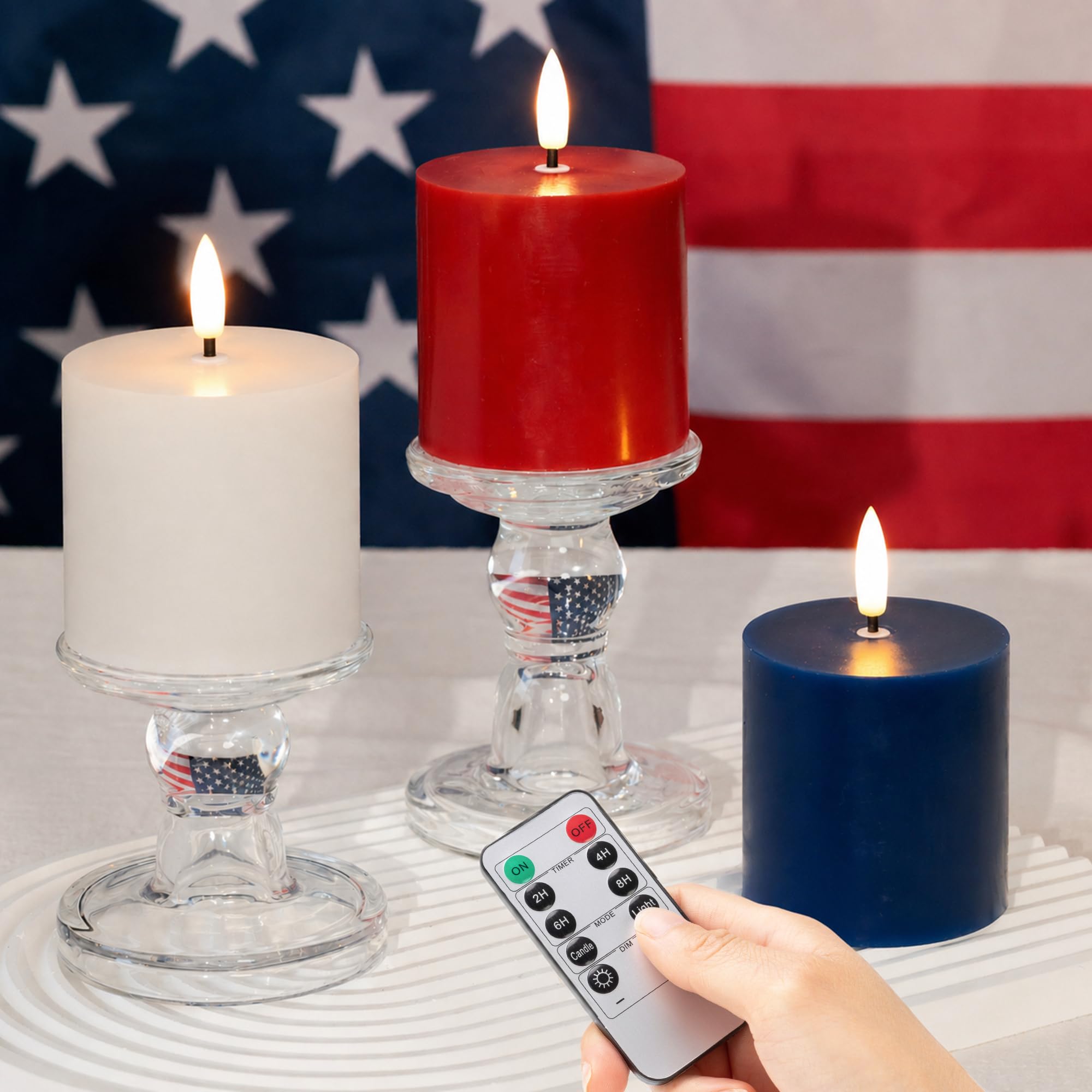 SEHNSY 4th of July Candles, Patriotic Flameless Pillar Candles with Remote and Timer, Red White and Blue Battery Operated Set of