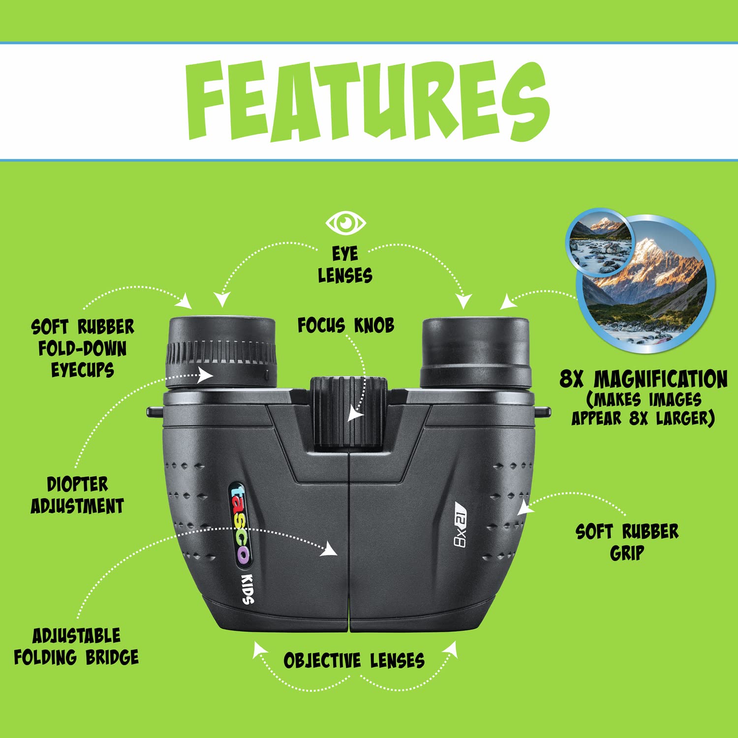 Tasco Kids Binoculars 8X21, Compact Binoculars For Kids Ages 3 12, Great For Adventures, Hiking, Camping, Travel, Bird Watching