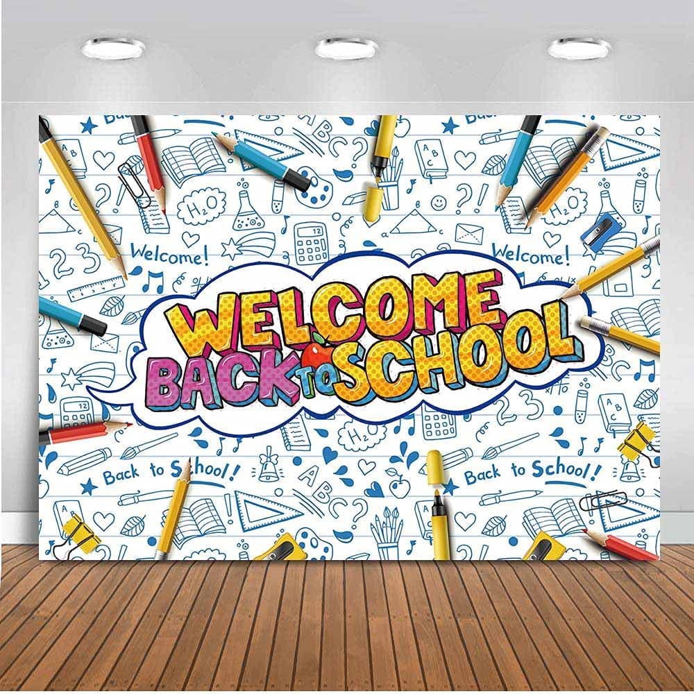 Yongqian Welcome Back To School Backdrop First Day Of Kindergarten White Blue Photography Backdrops 5X3Ft Teacher And Students Kids Party Decoration Banner Students Classroom Photo Background Booth
