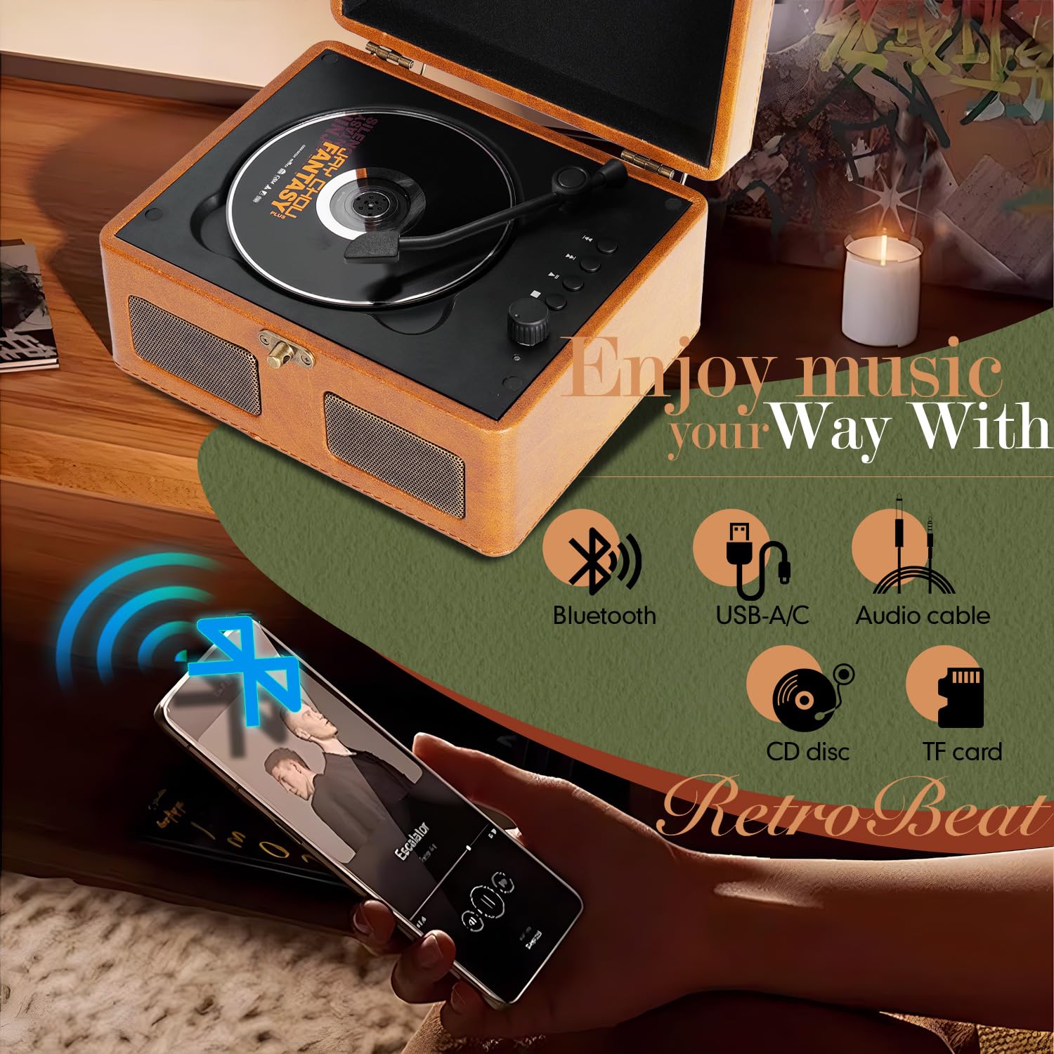 Retrobeat Time Vintage Portable Music Box - Cd With Speakers, Bluetooth Transmitter, Rechargeable, Usb/Aux, Multi-Mode Gift(Brow