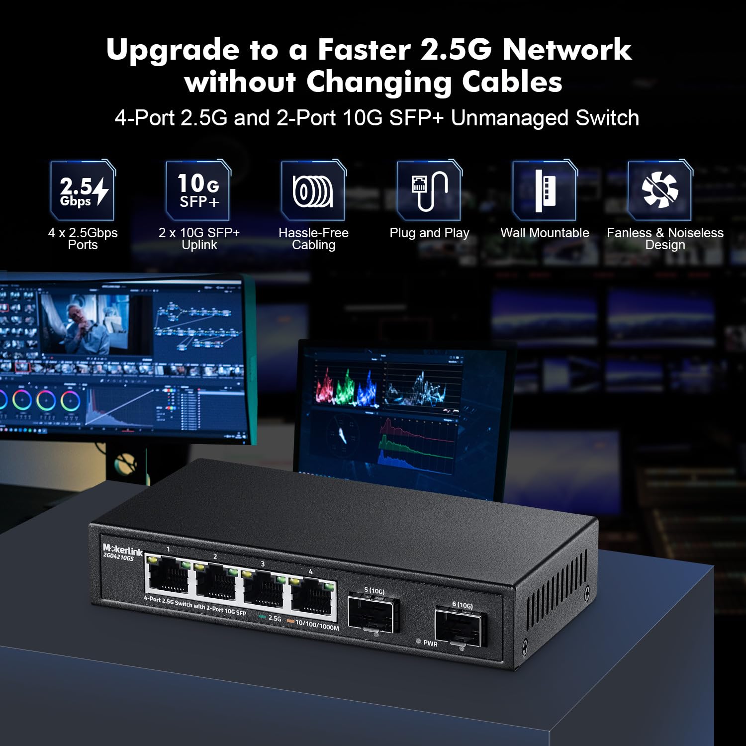 Mokerlink 4 Port 2.5G Ethernet Switch With 2X10G Sfp, 4 X 2.5G Base T Ports Compatible With 10/100/1000Mbps, Metal Unmanaged Fan