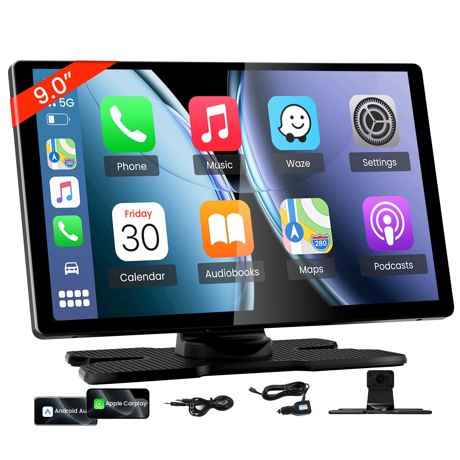 Tecxerllon 9'' Wireless Carplay Screen For Car, Portable Car Stereo With Apple Carplay & Android Auto, Car Audio Receivers With