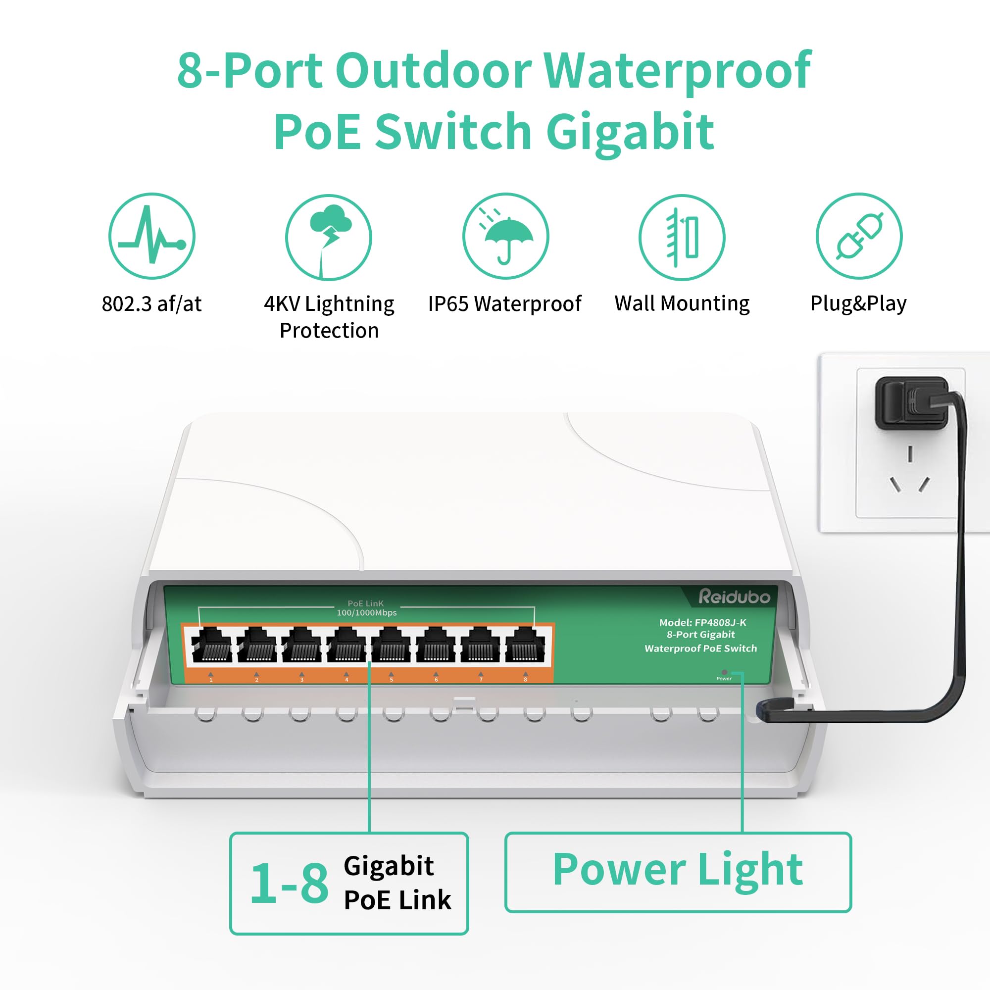 Reidubo 8 Port Gigabit Poe Switch Waterproof, 1000 Mbps 8 Poe+ Ports 120W, Ieee802.3Af/At Power Over Ethernet Unmanaged Outdoor