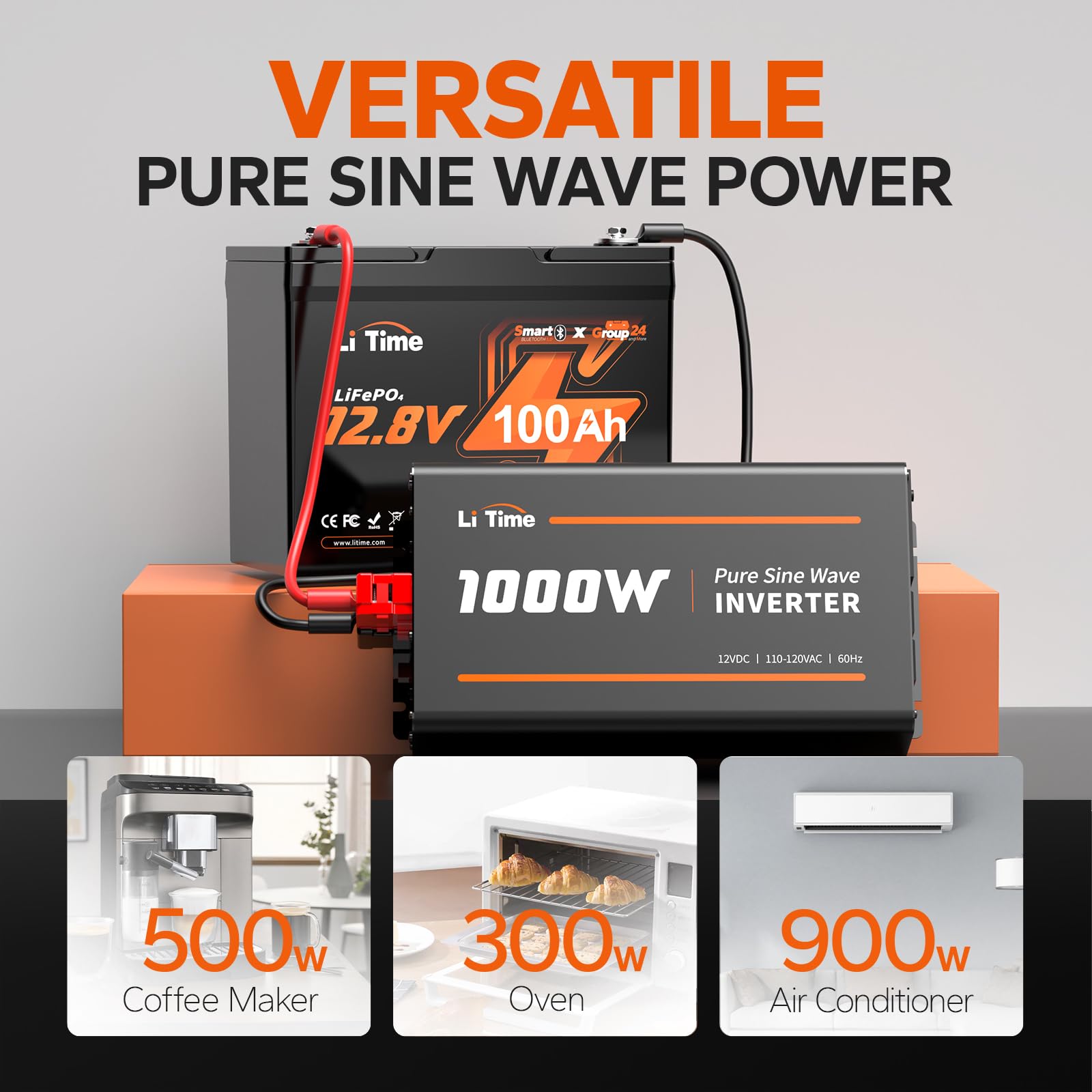 Litime 1000W Pure Sine Wave Inverter 12V Dc To 120V Ac Converter For Home, Rv, Truck, Camping, Built-In 2 Ac Outlets, Off-Grid S