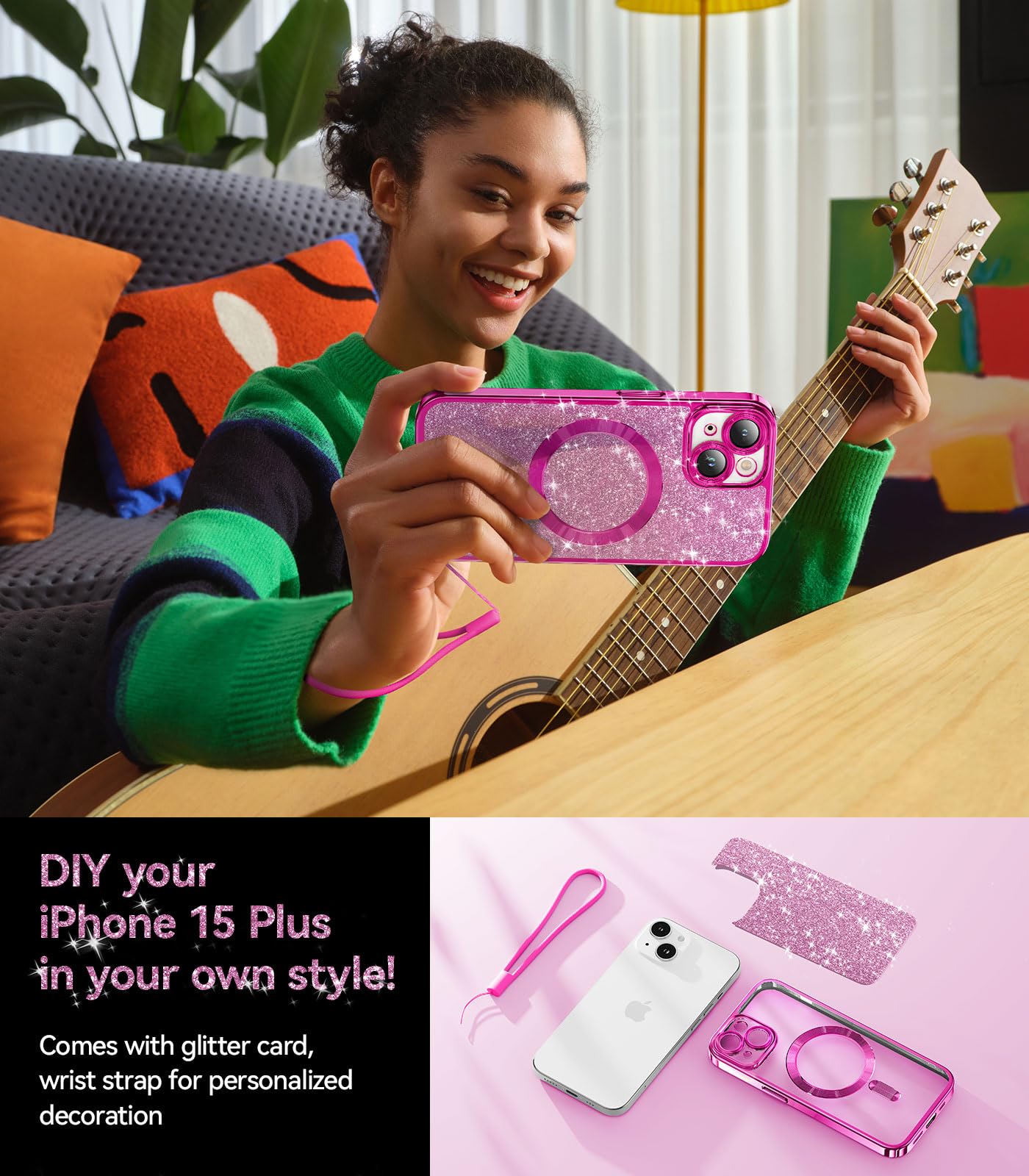 Meifigno Candy Mag Series Case For Iphone 15 Plus 6.7Inch, [Compatible With Magsafe] [Glitter Card & Wrist Strap] Full Camera Le