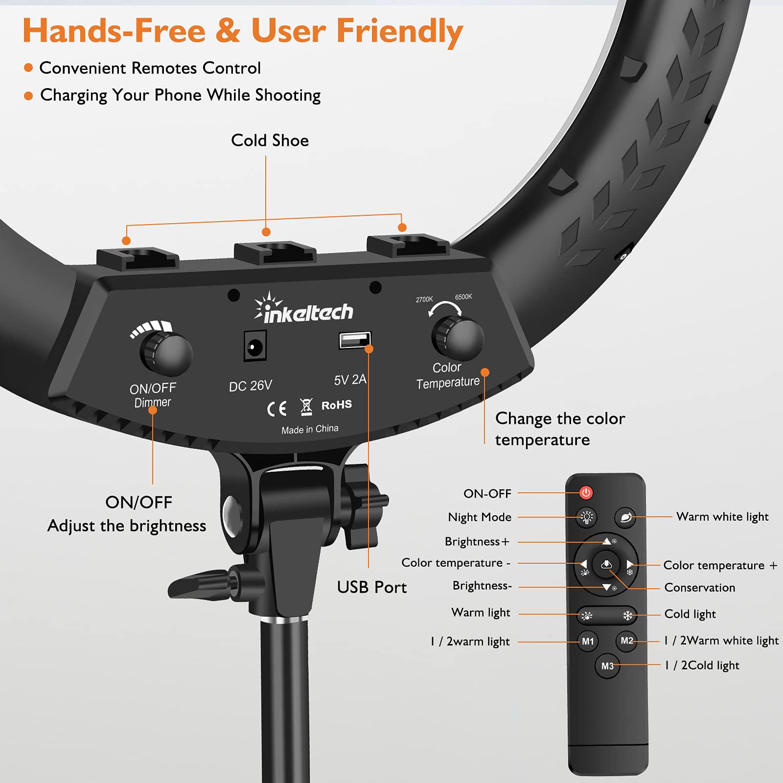 Inkeltech 18    Ring Light With Tripod Stand & 3 Phone Holders, Dimmable Led Ring Light Kit, Adjustable 2700K 6500K Color Temper