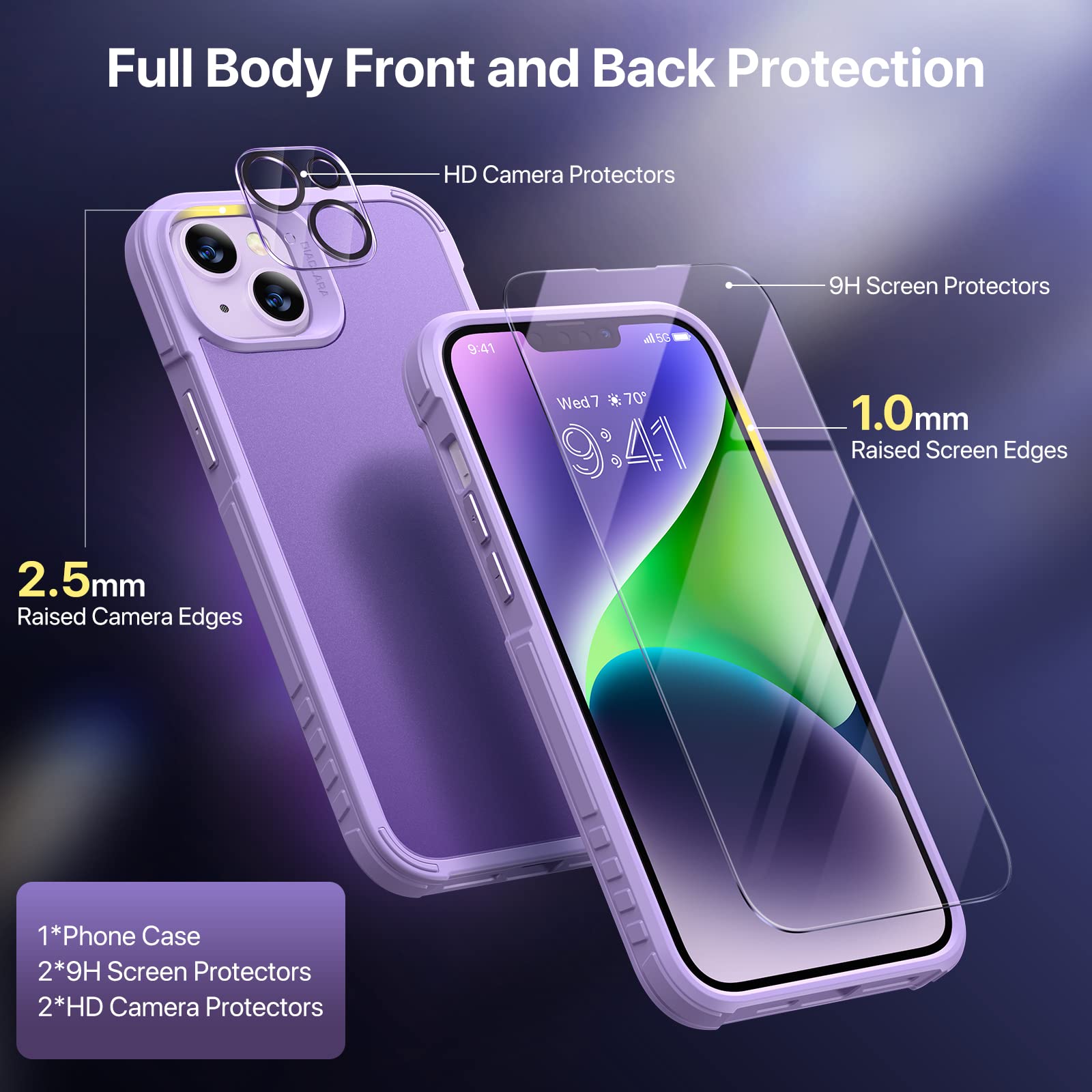 Diaclara [5 In 1 Shockproof Designed For Iphone 14 Case, With 2 Pack Tempered Glass Screen Protector + 2 Pack Camera Lens Protec