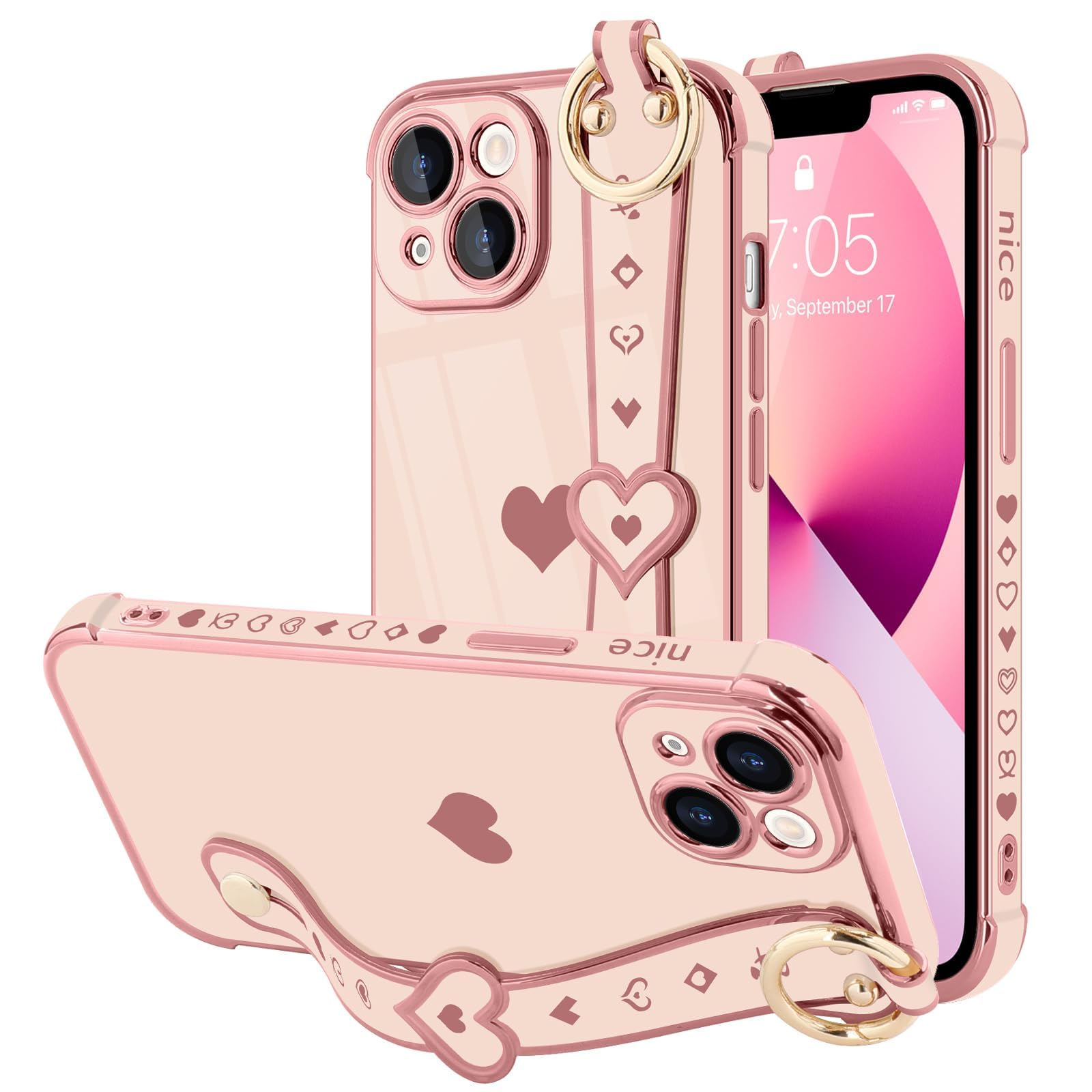 Llz.Coque For Iphone 13 Case Cute Love Heart Plating Strap Phone Cover For Women Girls Bling Soft Silicone Camera Lens Protectio