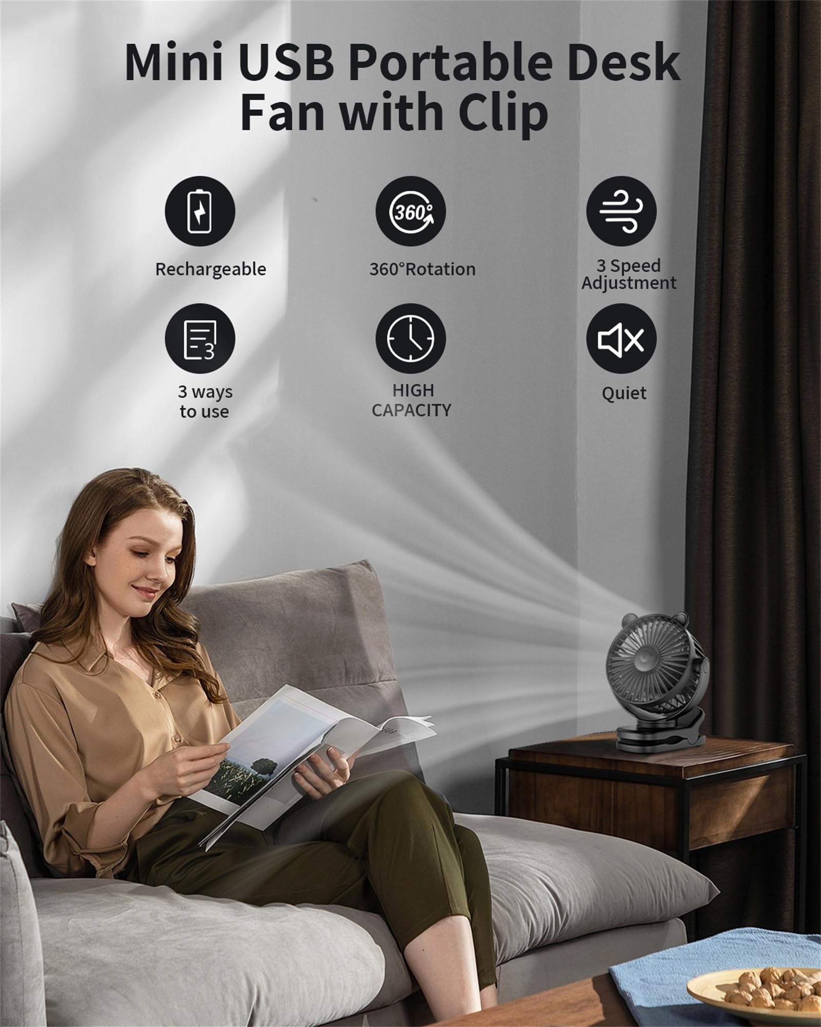 Gototo Clip On Fan, Rechargeable Portable Fan With 2000Mah Battery Operated, Small Fan With Powerful Clip Design, 3 Wind Speed,