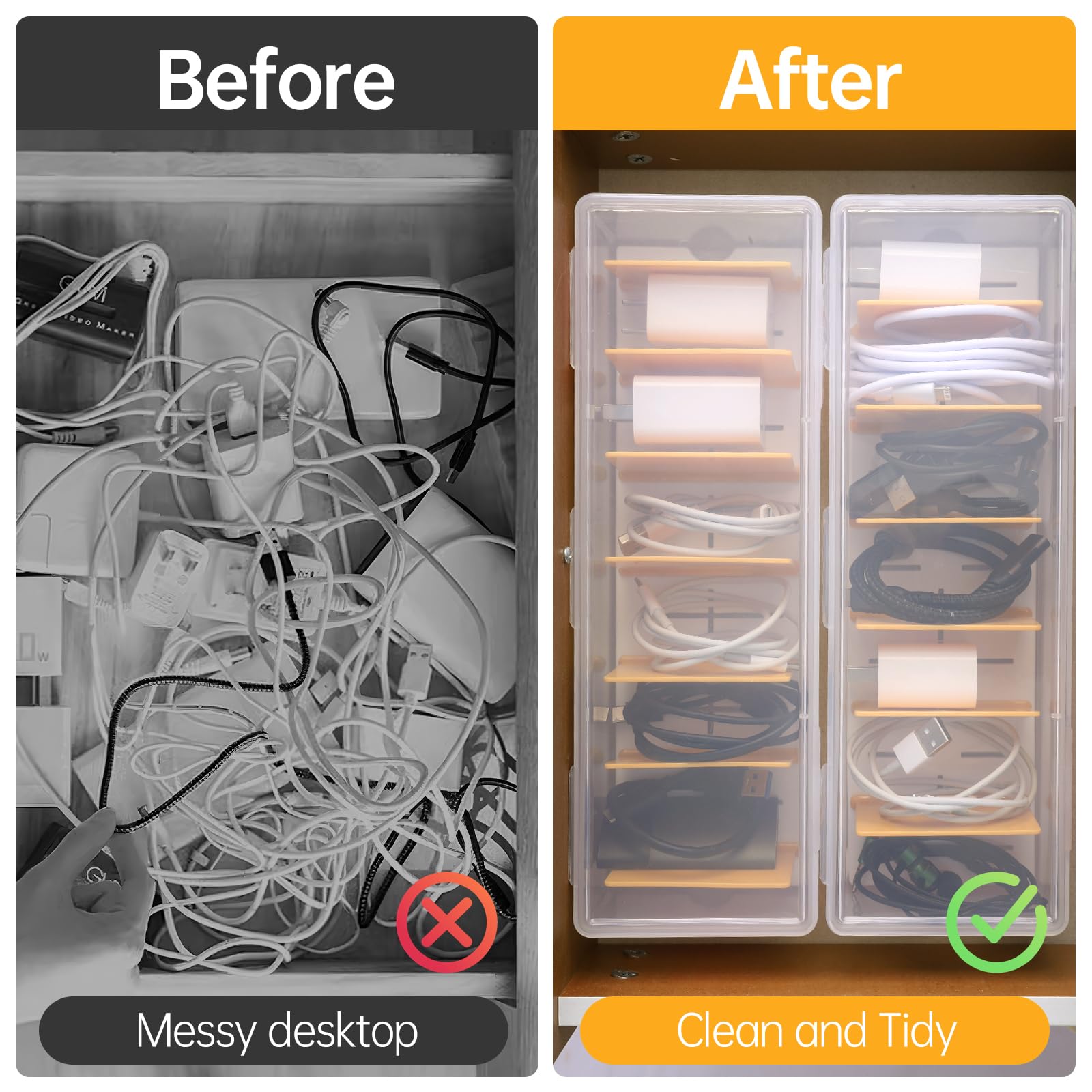 Pavstine 2 Pack Clear Cable Organizer Box With Lid, Plastic Charger Cable Cord Storage Organizer, Office Desk Organizers, Multif