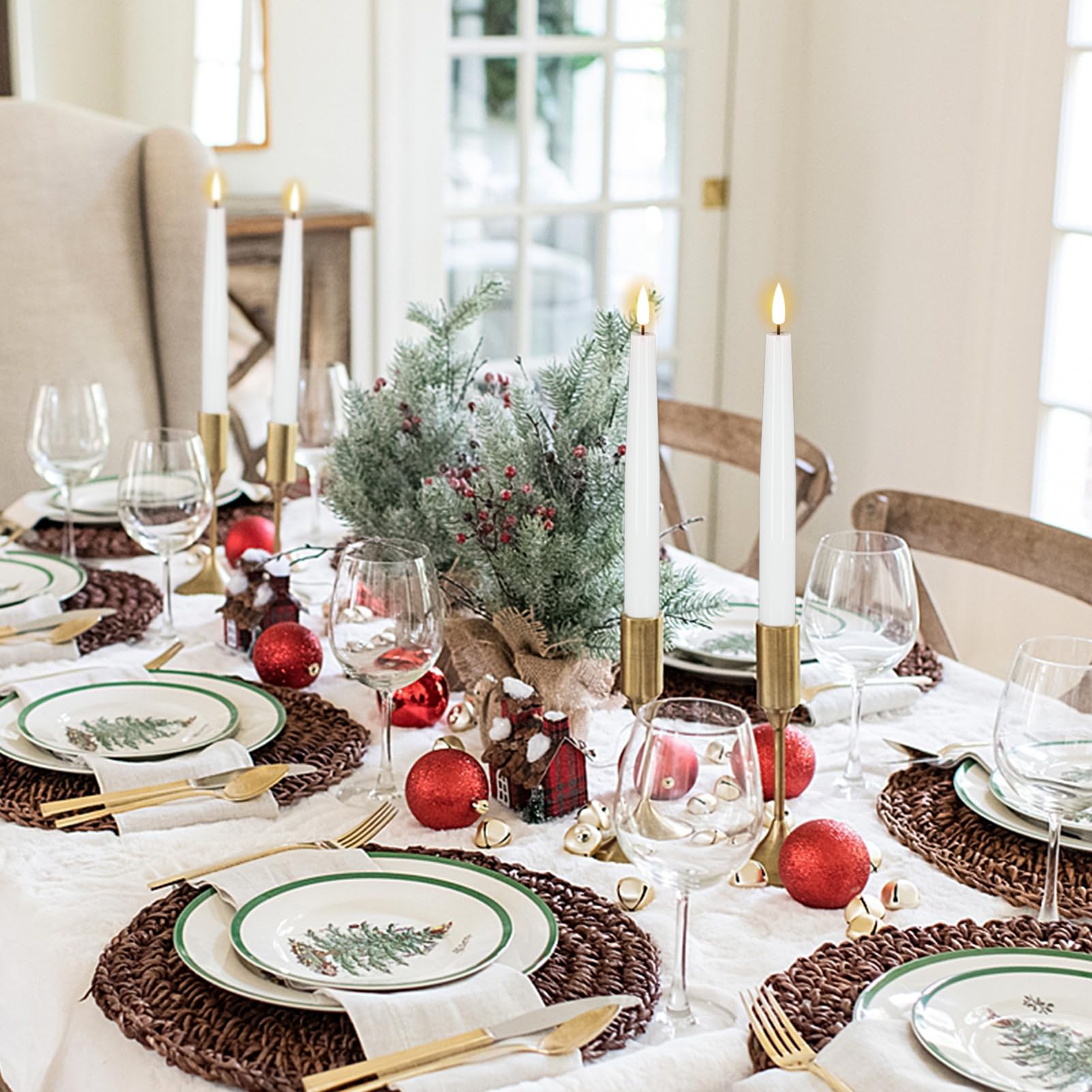 Kunswenn Real Wax Flameless Taper Candles Battery Operated, 8.1    Tall Led Flickering Flameless Candlesticks With 3D Wick, 4 Pc