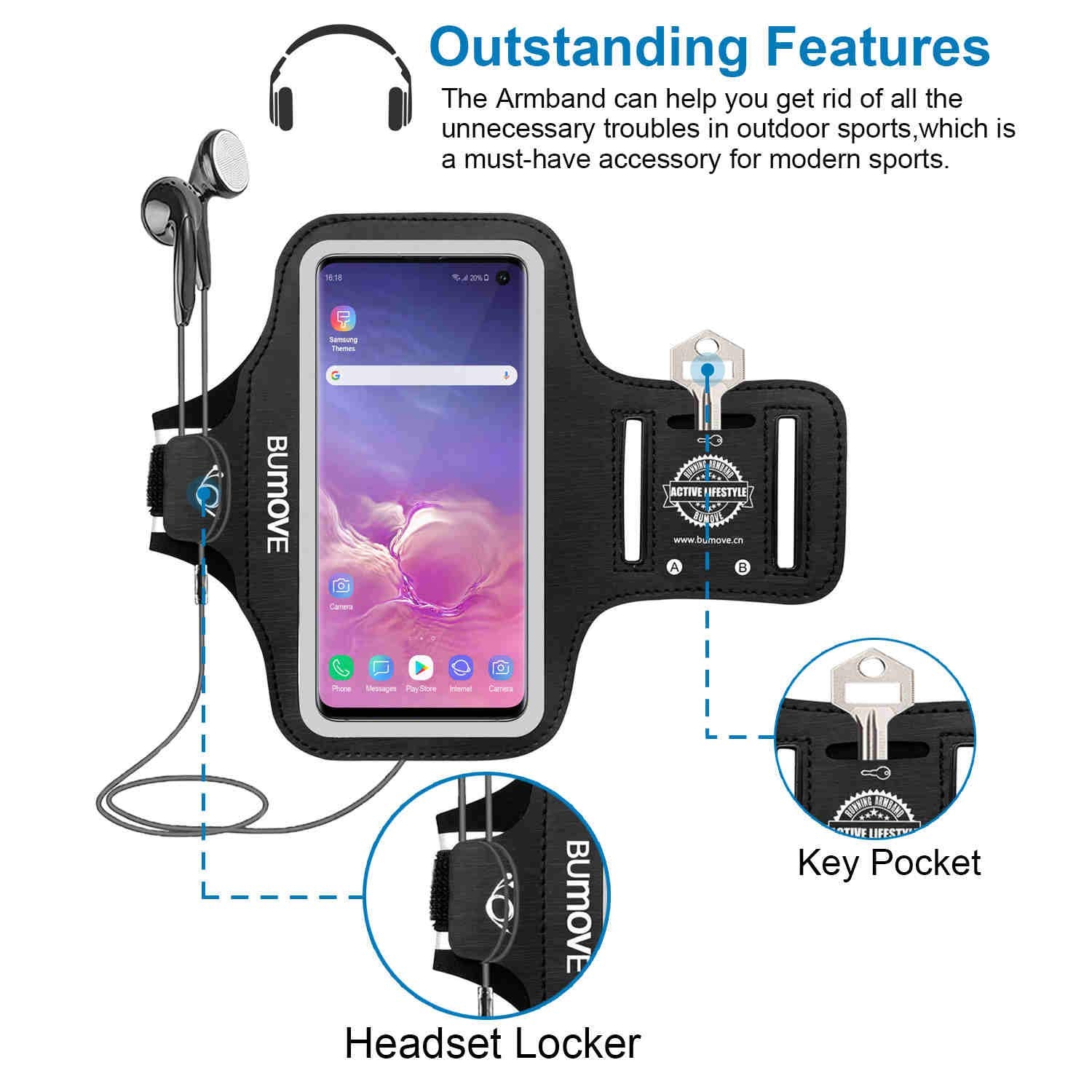 Bumove Armband For Galaxy S10E/A40/A5 2017/J3 2018 Gym Running Workouts Sports Phone Arm Band With Card Holder (Black)