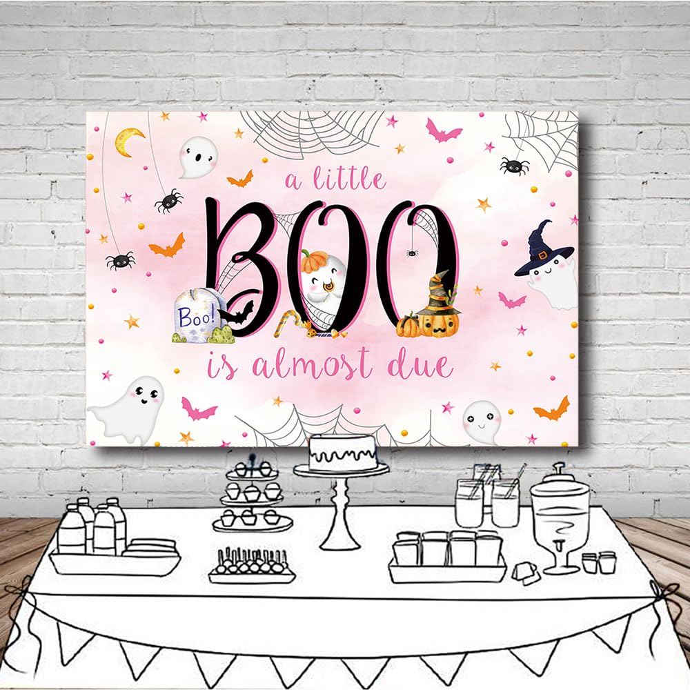 Mehofond 7X5Ft Halloween Baby Shower Backdrop A Little Boo Is Almost Due Pink Watercolor For Girls Background With Spider Web Ba