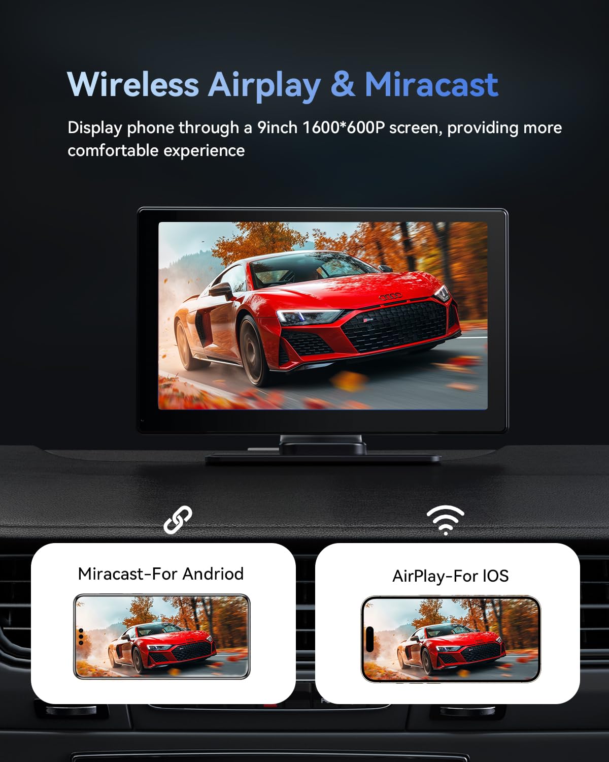 Portable Carplay Screen For Car, Vuddig 4K Dash Cam, Wireless Carplay Screen & Android Auto, 9'' Touchscreen Car Audio Receivers