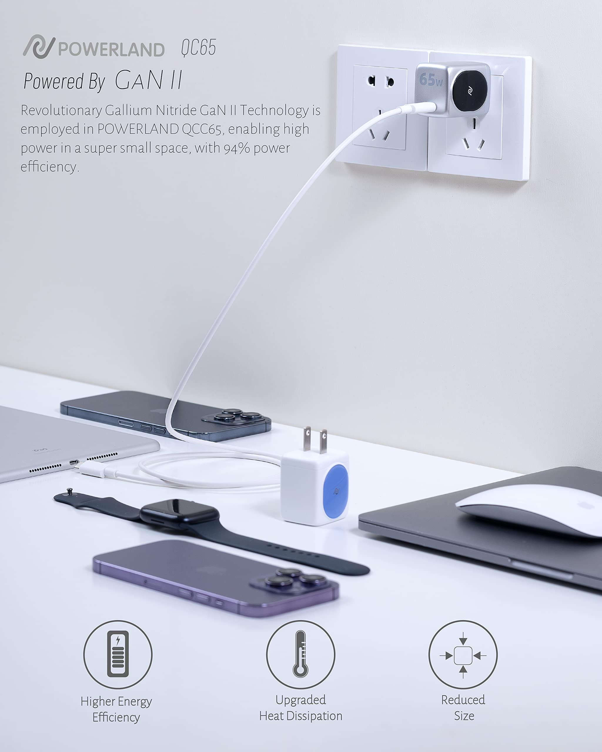 Powerland Usb C Charger 65W, (Gan Charger 65W),Fast Compact Charger For Macbook Pro/Air, Ipad Pro, Google Pixelbook, Thinkpad E4