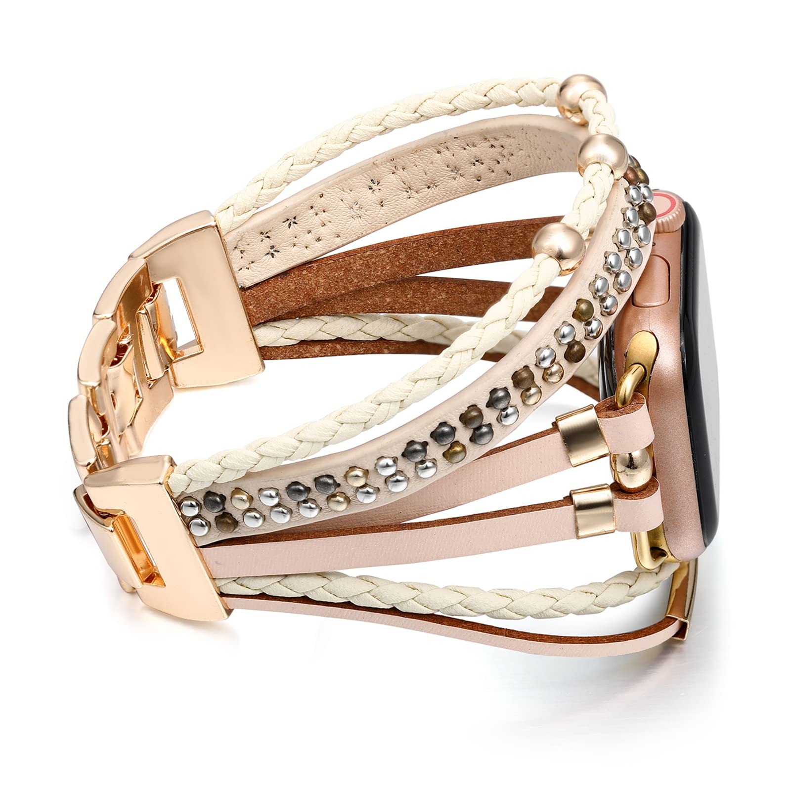 Wingoden Leather Bands Compatible With Apple Watch Band Bracelet 38Mm 40Mm 41Mm For Women Men, Boho Multilayer Wrap Rivet Studde