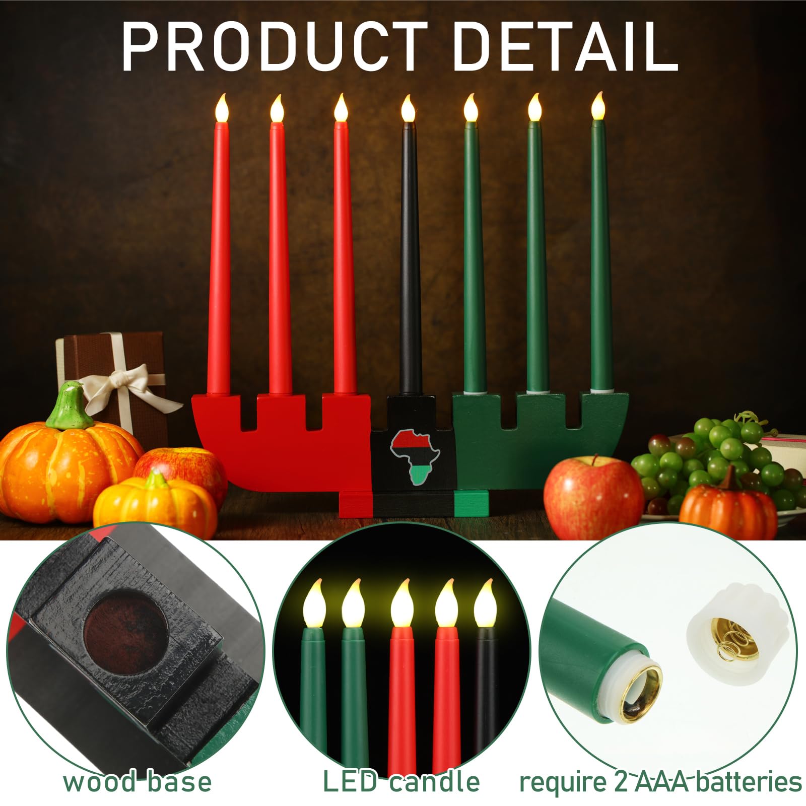 8 Pieces Kwanzaa Kinara Set 7 Kwanzaa Led Candles And 1 Candle Holder Flameless Battery Powered Electric Taper Candle With Wood