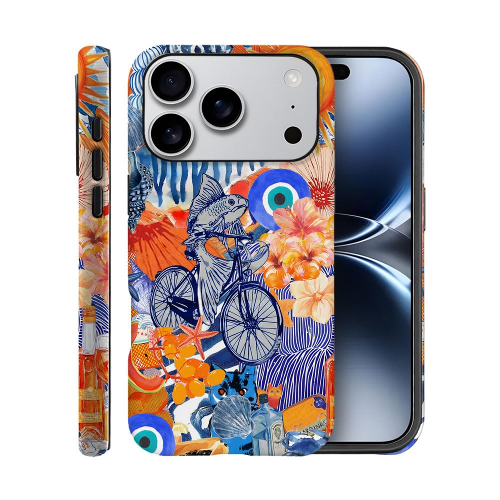 Case for iPhone 17 Pro,Fits Frosted Case Design for Girl Women,Collage Blue Fish Beach Bike Flower