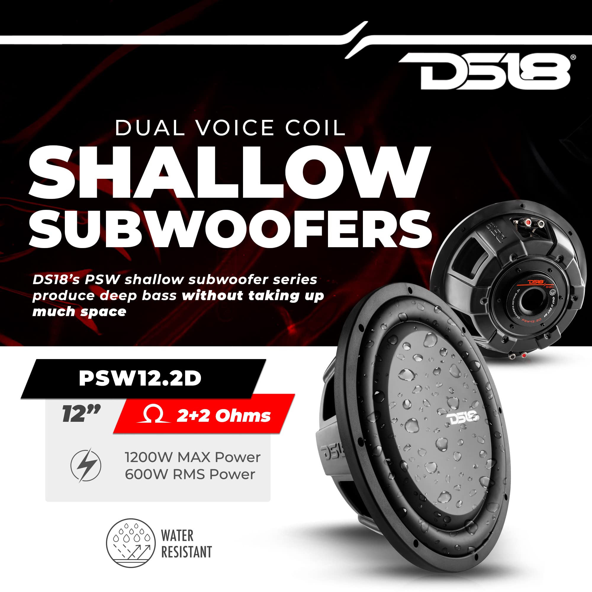 Ds18 Psw12.2D 12 Shallow Mount Subwoofer 1200 Watts Max Power 600 Watts Rms Dual Voice Coil 2+2 Ohms Water Resistant - Best Sub