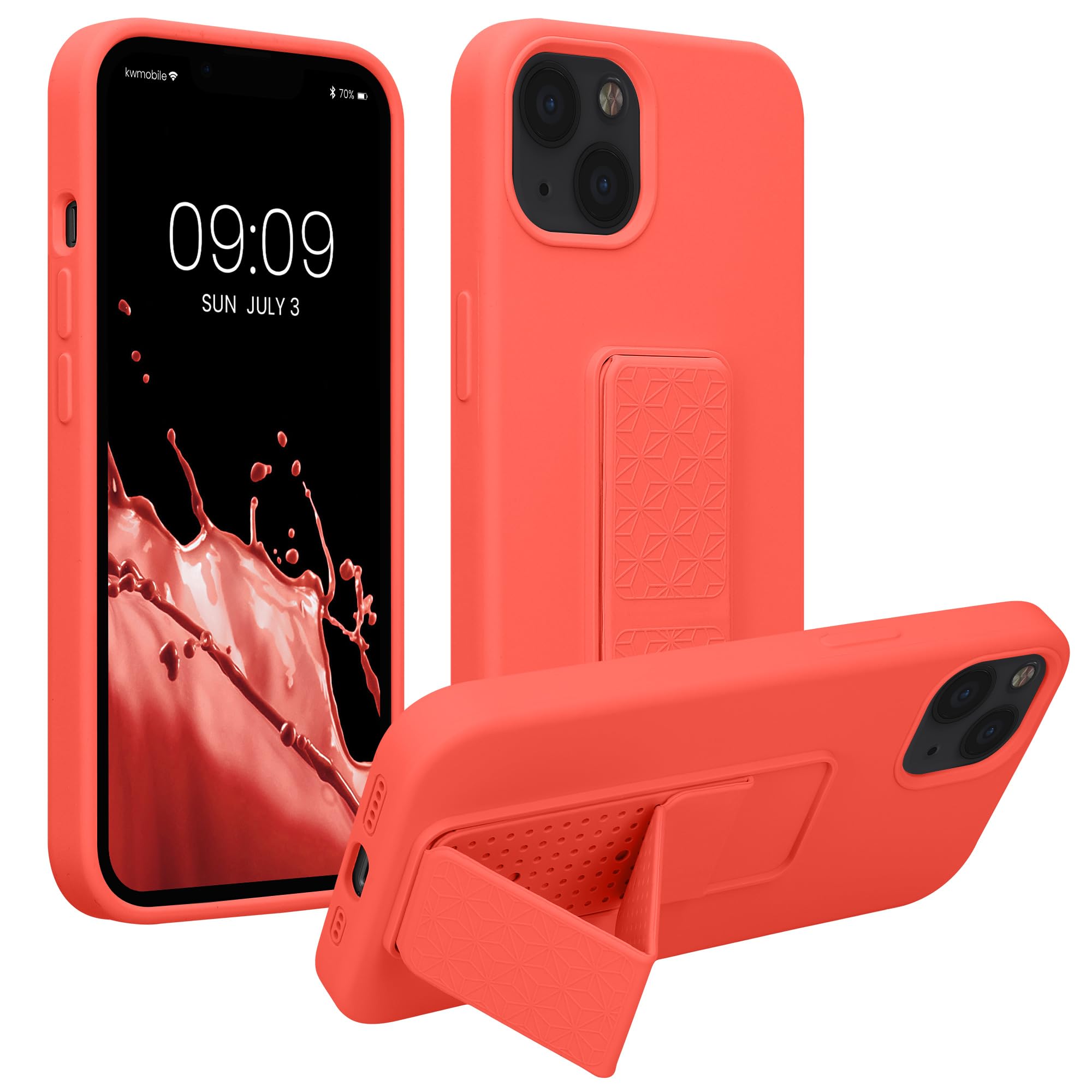 kwmobile Case Compatible with Apple iPhone 13 - Case with Hand Strap and Stand Soft TPU Silicone Coating - Coral