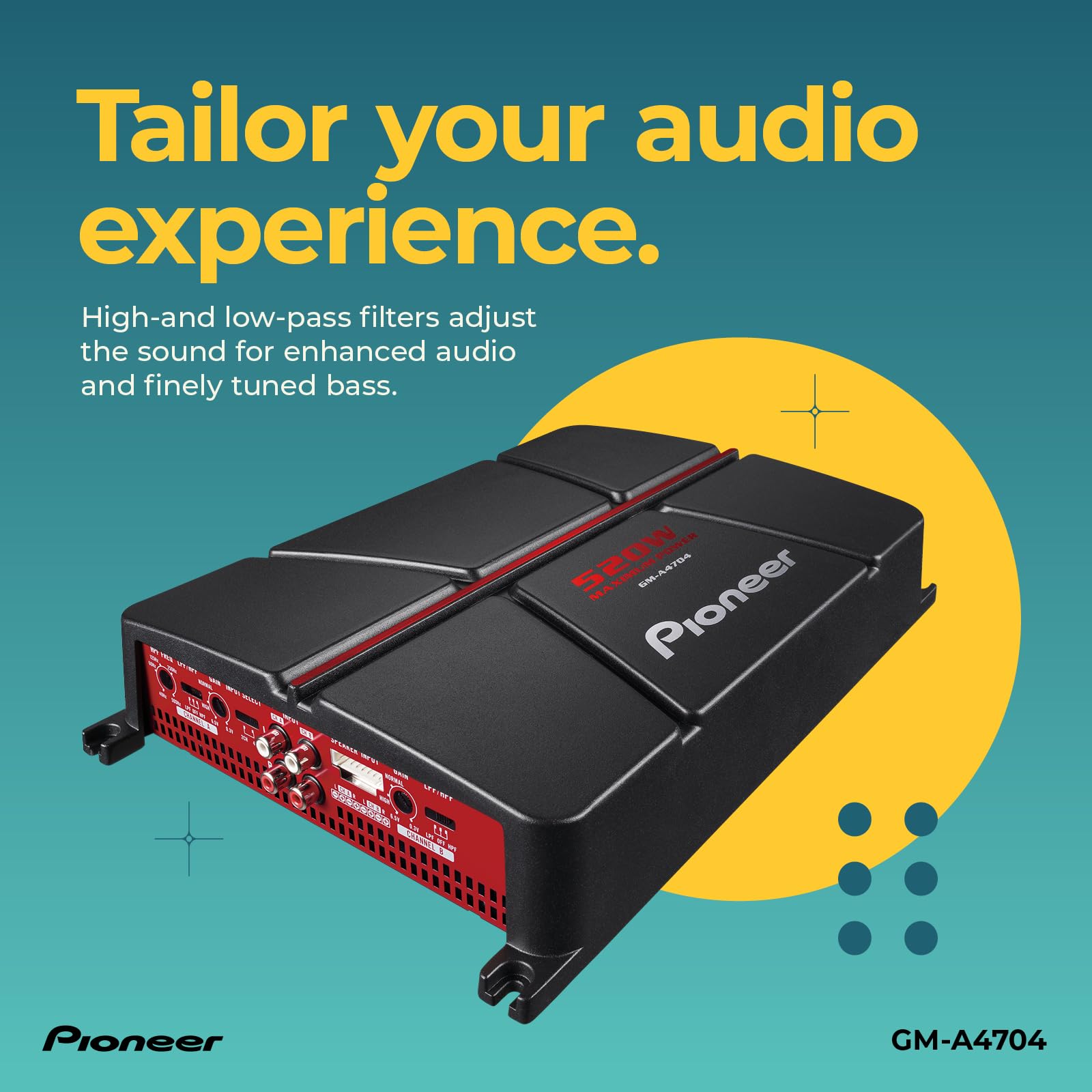 Pioneer GM-A4704 4-Channel Car Amplifier - 520W Max Power, Class AB, Black/Red