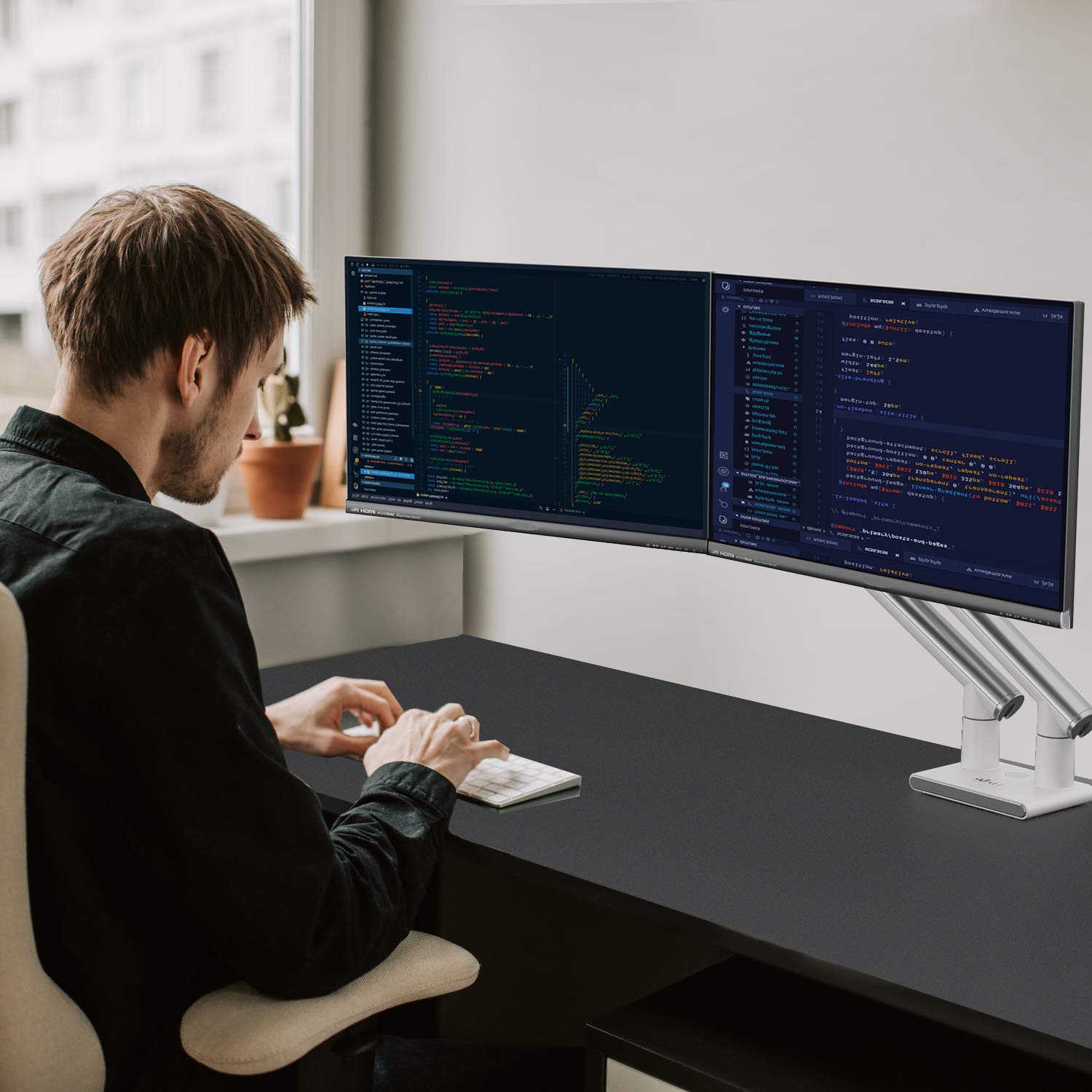 Wali Dual Monitor Stand White Arms Mounts, For 2 Monitors, Mechanical Spring Tension Indicator Fully Adjustable Bracket, Up To 3