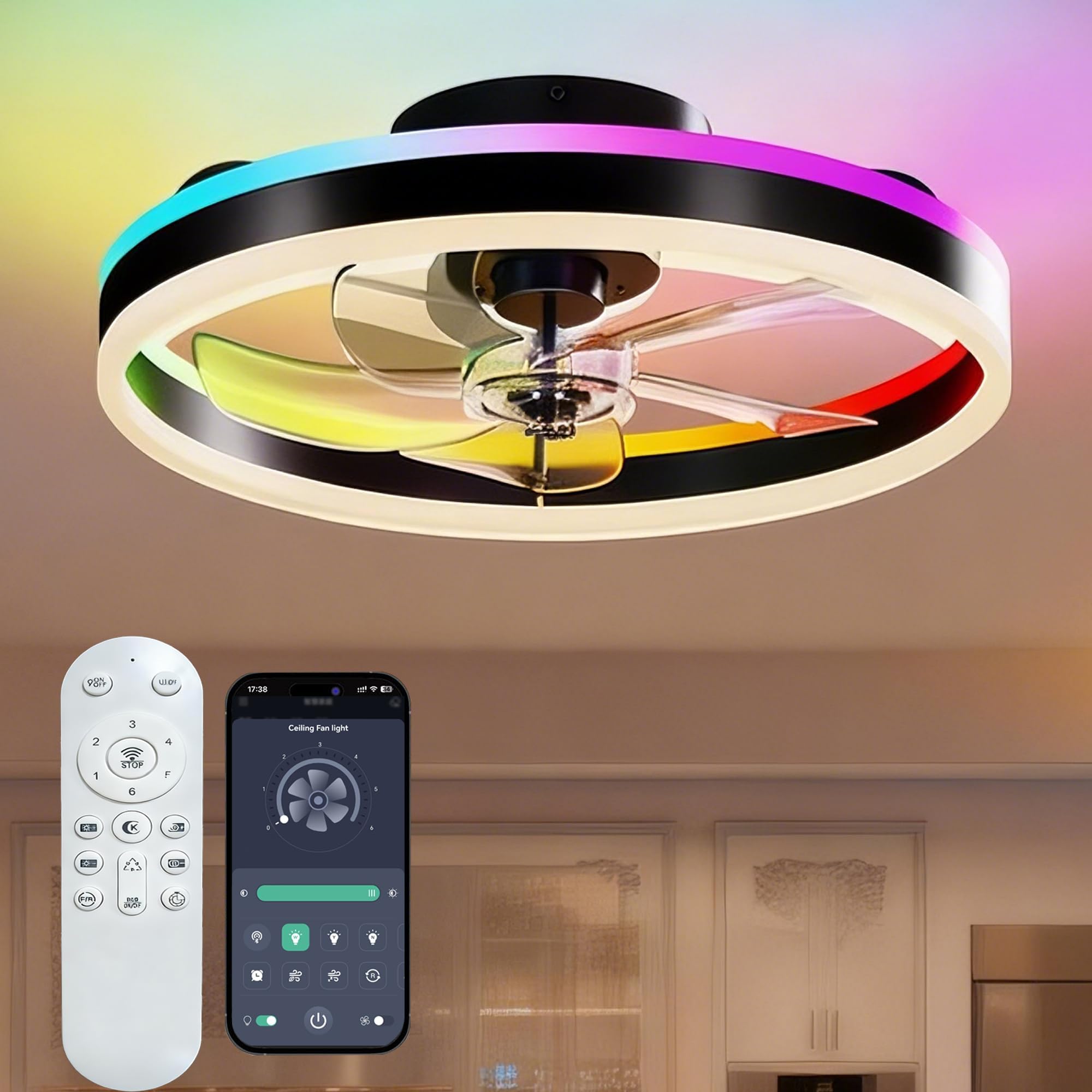 RGBCW Ceiling Fan with Light, 20 Flush Mount Low Profile Smart Fan Light with App & Remote Control, 6 Speeds Reversible, 3CCT Di