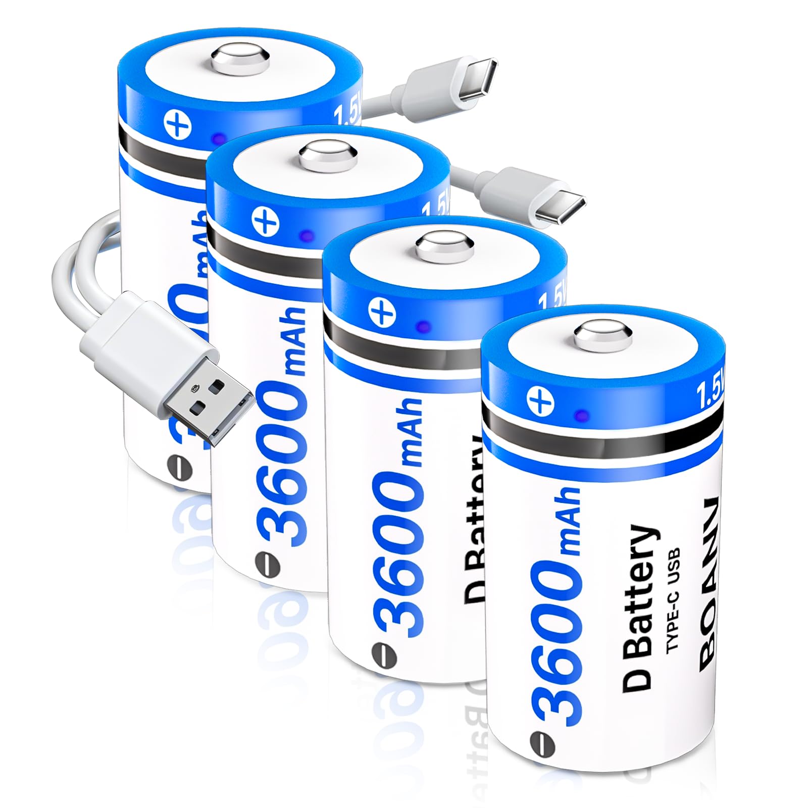BOANV 4PCS Rechargeable D Batteries with 2 in 1 USB Cable, Lithium D Batteries LR20 Replacement, 1.5V 3600mAh D Size Cell Batter