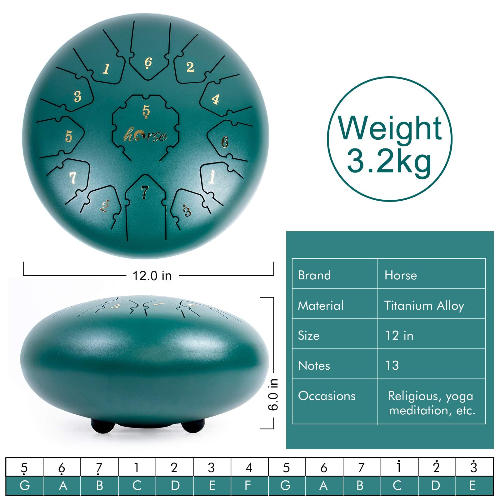 Steel Tongue Drum, Horse 12 Inch 13 Tones Tank Drum C Key Percussion Steel Drum Kit With Drum Mallets Note Stickers Finger Picks