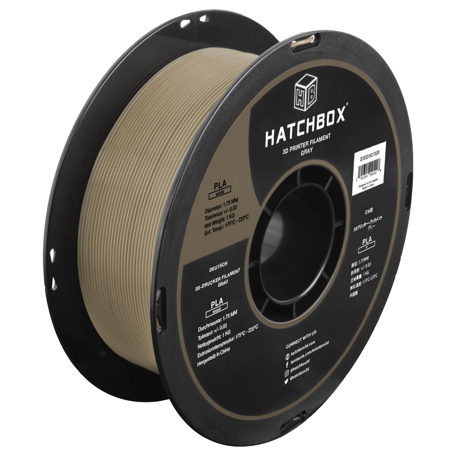 HATCHBOX 1.75mm Gray Wood PLA 3D Printer Filament, 1 KG Spool, Dimensional Accuracy +/- 0.03 mm, 3D Printing Wood Filament