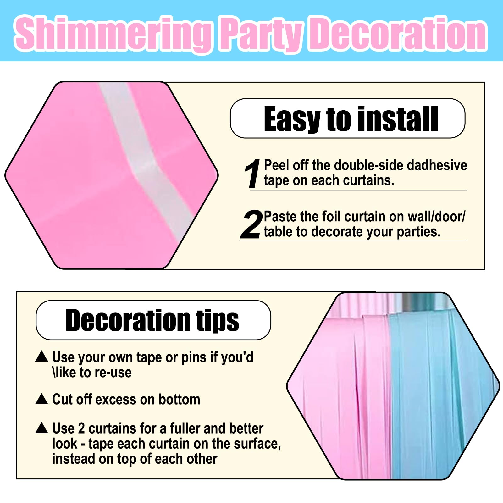 6 Pack Macaron Pink Blue Foil Fringe Curtain Backdrop, 3.28Ft X 8.2Ft Metallic Tinsel Foil Fringe Streamer Curtains For Photo Bo