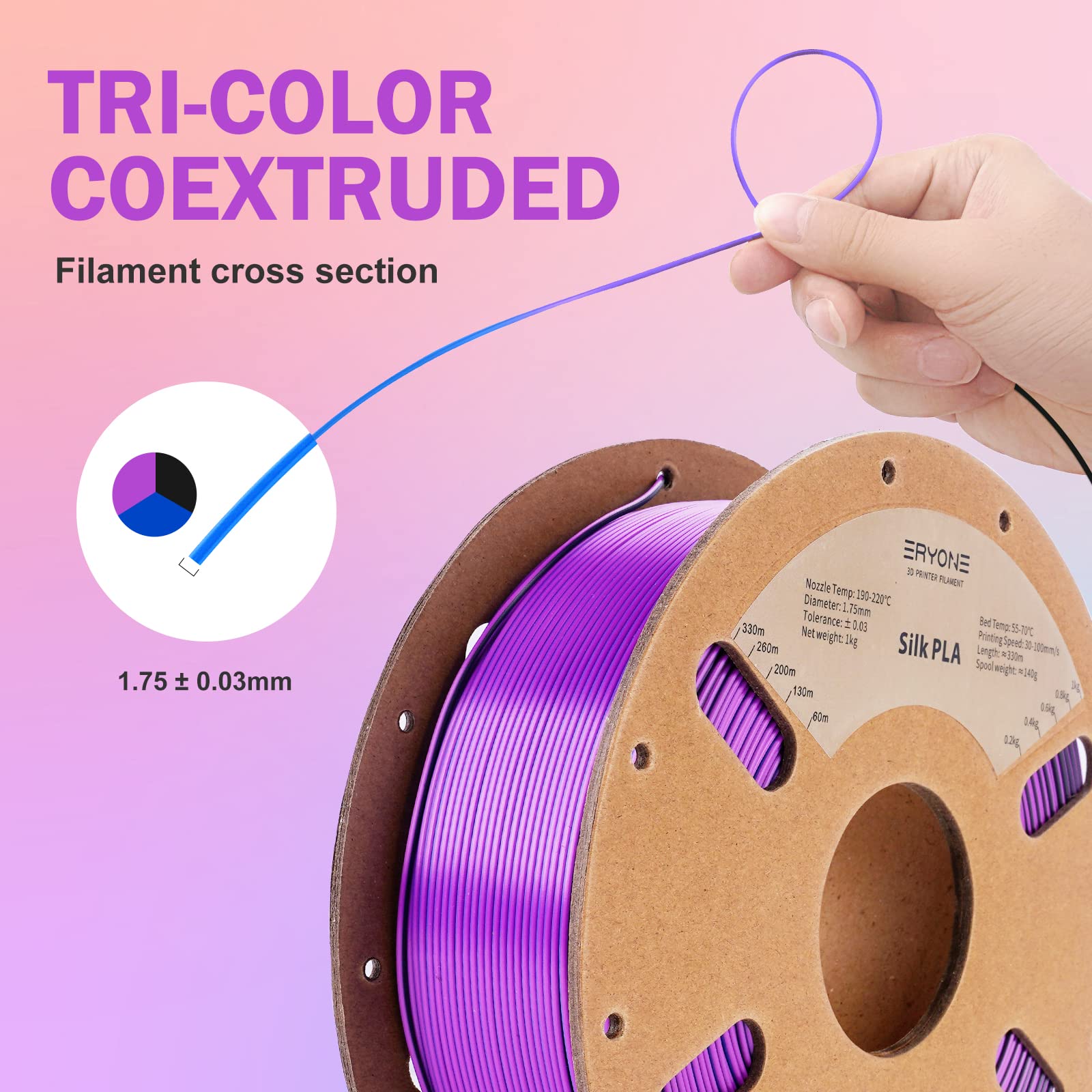 Eryone Silk Tri Color Coextrusion Pla Filament,3D Printer 1.75Mm,+/ 0.03Mm, Triple Color Filament 1Kg(2.2Lbs), Silk Blue Purple
