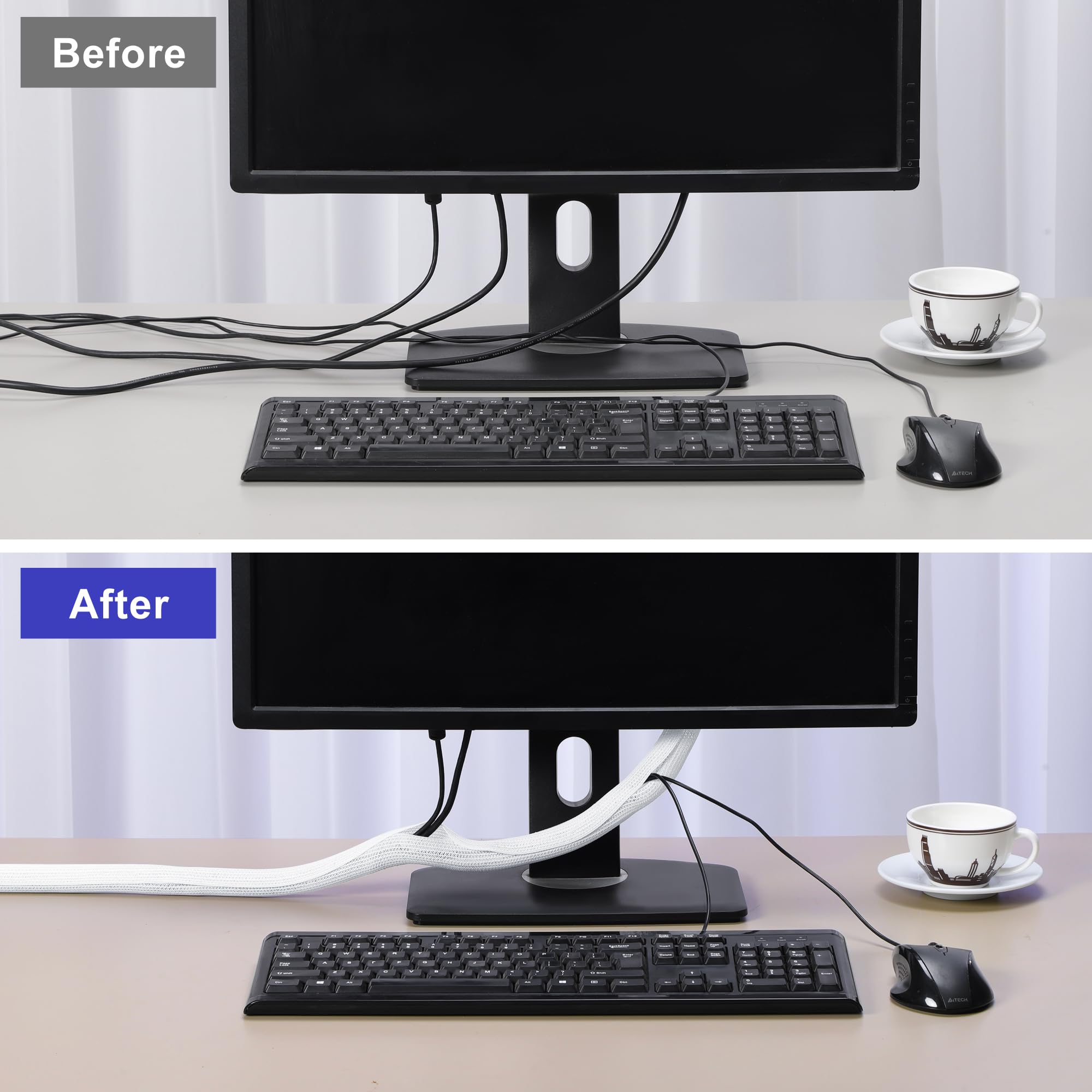 Cable Management Sleeves 1In   2 Pack 4.1Ft Split Braided Cable Sleeve White, Hard Pe Cord Protectors From Pets, Wire Organizers