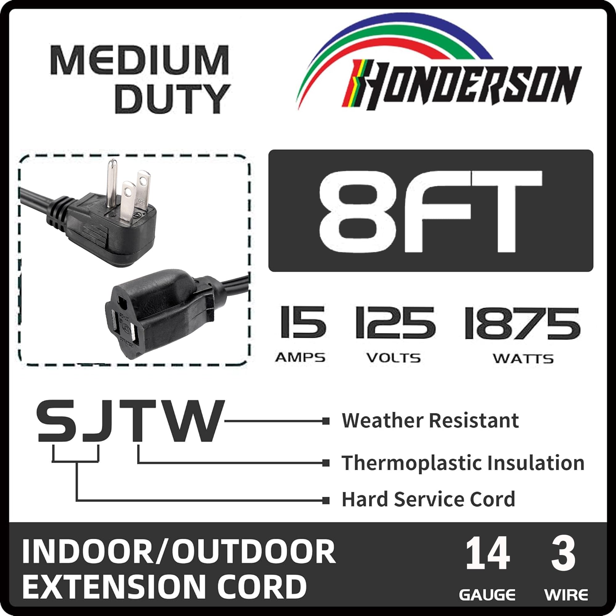 Honderson Flat Plug Extension Cord, Ul Listed, Indoor Extension Cord 14 Gauge 8Ft Black, 14/3 Spt 3 15A 3 Prong Grounded Power C