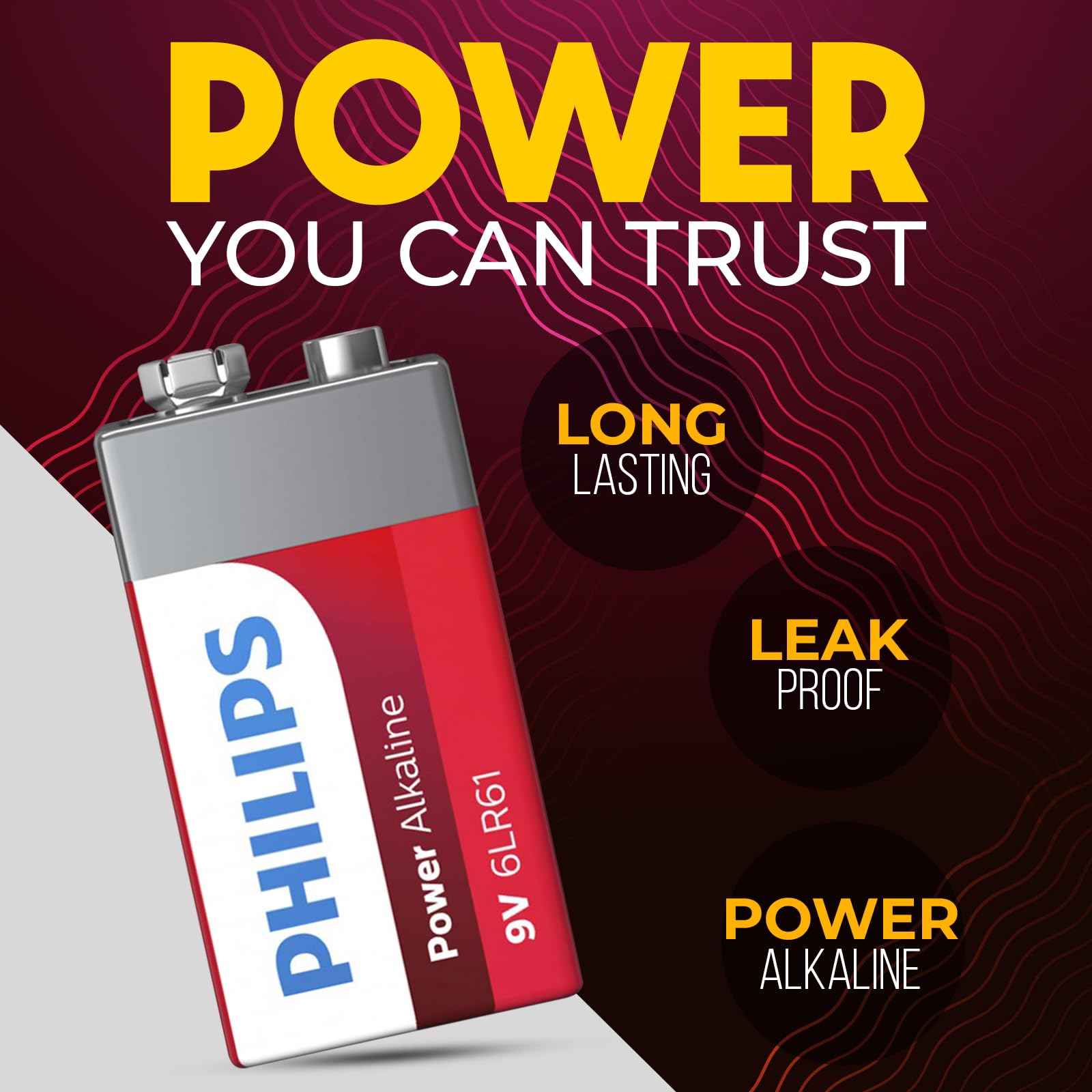 Philips 9 Volt Battery, (8 Count) Power Alkaline 9V Batteries For Smoke Detector, Long Lasting Power Up To 5 Years In Storage, 9