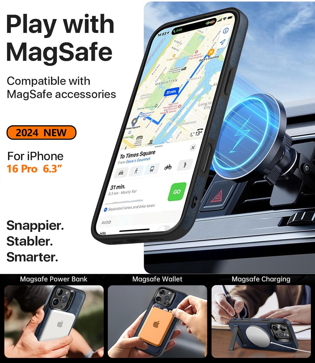 Wtcase Strong Magnetic For Iphone 16 Pro Case Leather,[Compatible With Magsafe], Slim Adjustable Kickstand Phone Case For Iphone