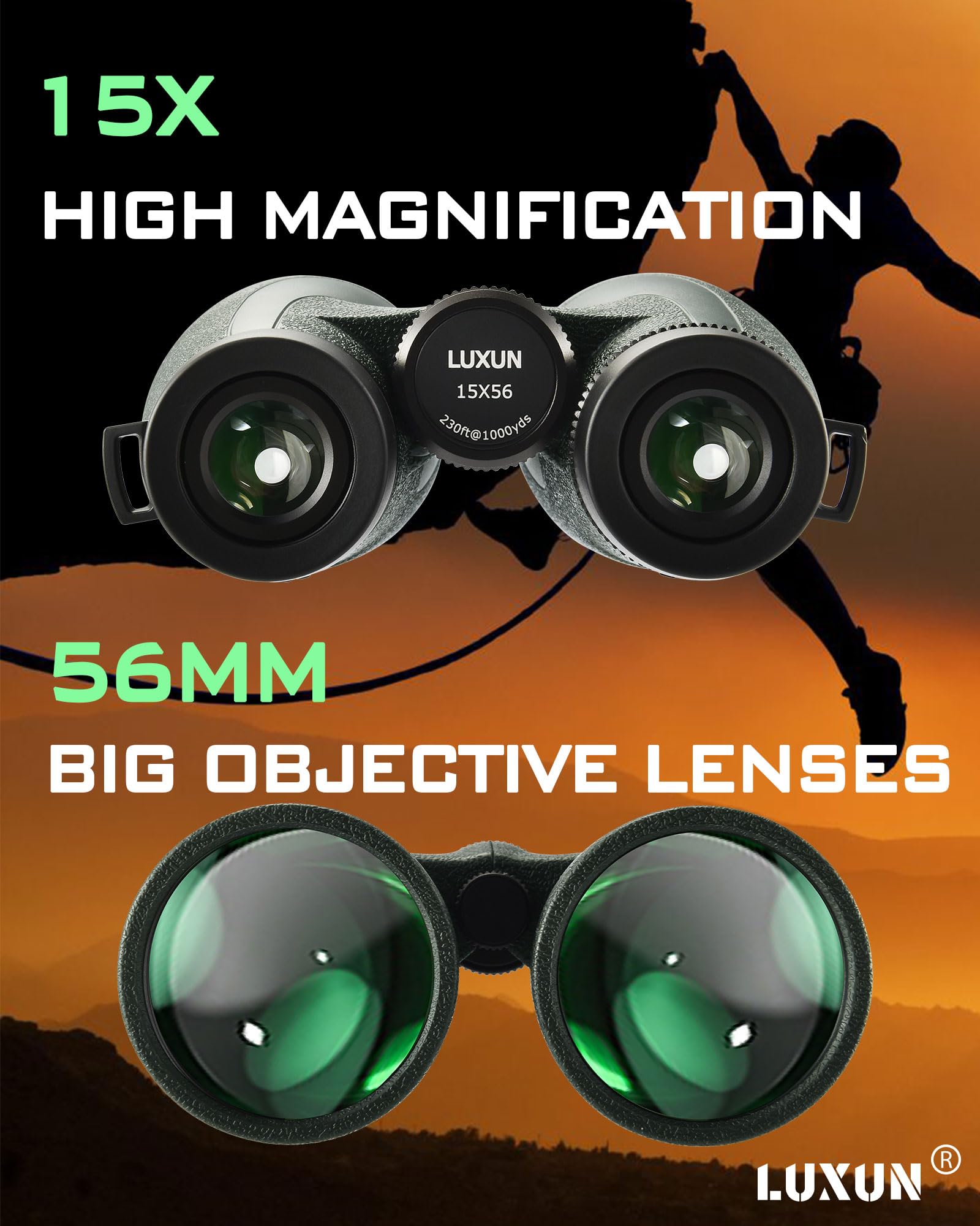 Luxun 15X56 Binoculars For Adults High Powered With Hd Optical System, Bak4 Prism & Fmc Coating Waterproof Binoculars For Huntin