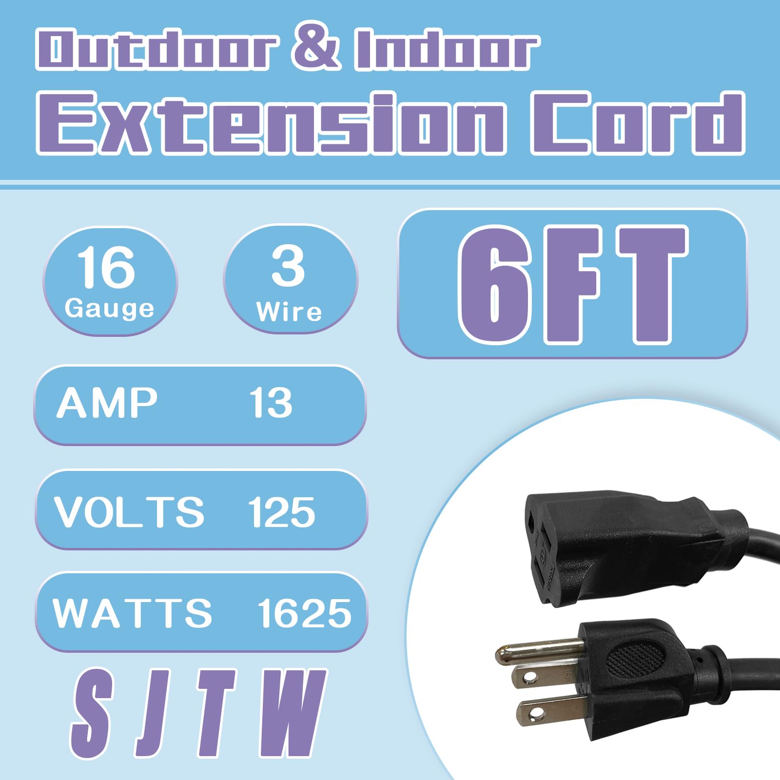 Greatide Indoor Outdoor Extension Cord 6 Ft, 16/3 Sjtw Weatherproof Black Electrical Cords, 13 Amp Heavy Duty 3 Prong Power Cabl